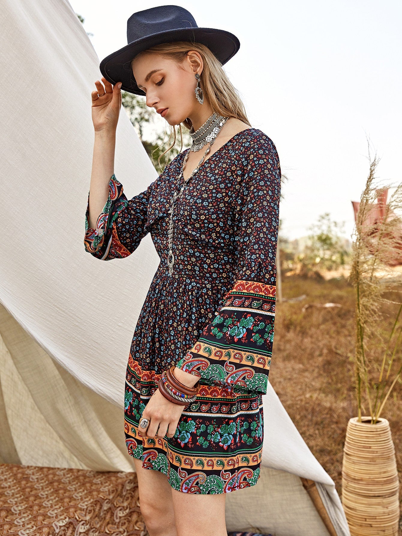Ditsy Floral & Tribal Print Dress