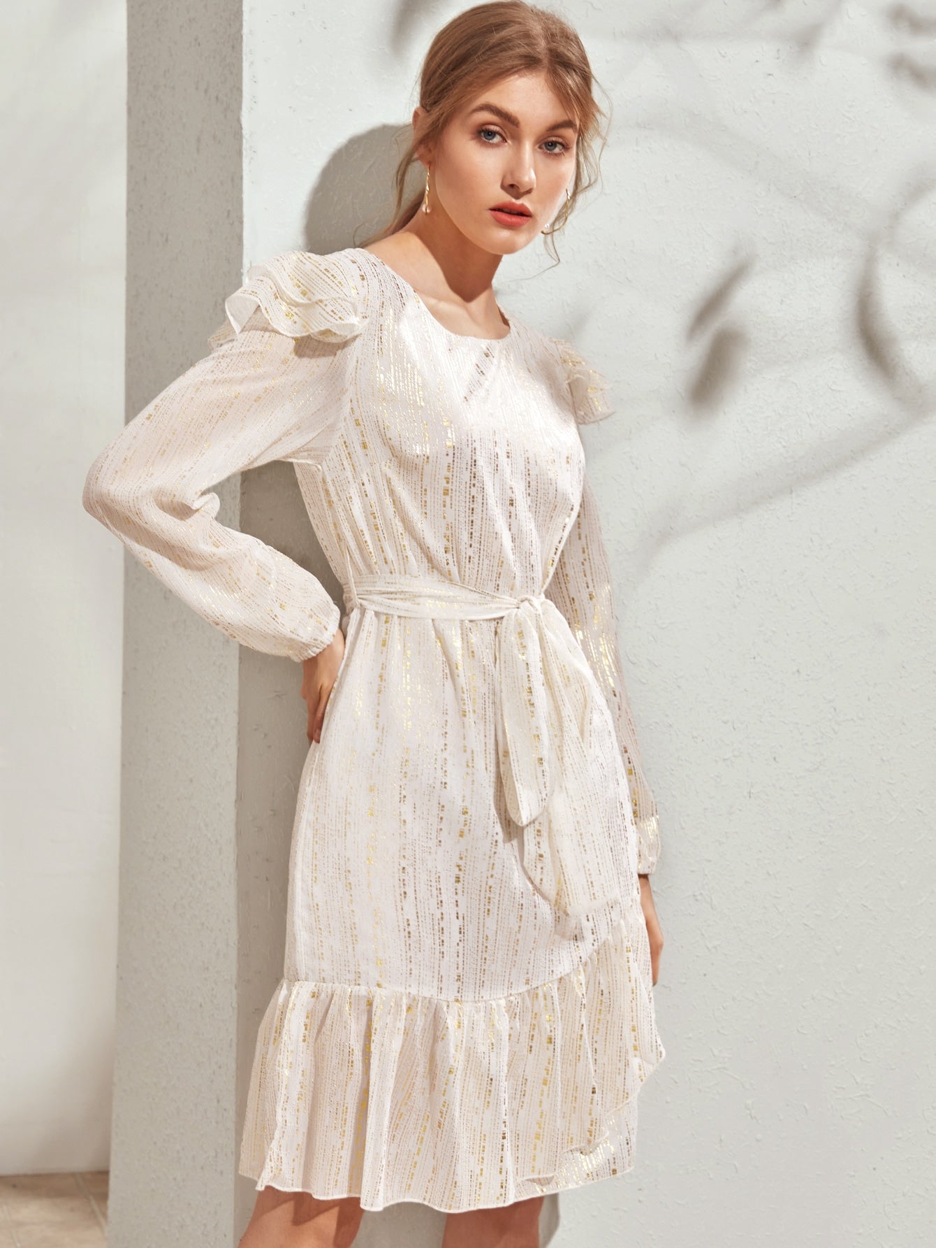 Gilding Print Ruffle Hem Self Tie Dress