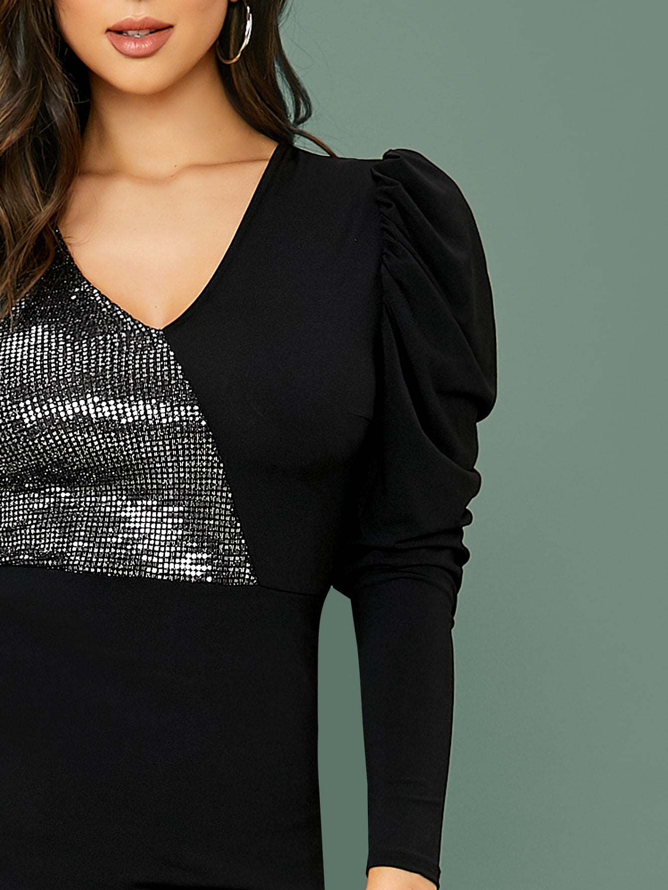 Contrast Sequin Gigot Sleeve Bodycon Dress