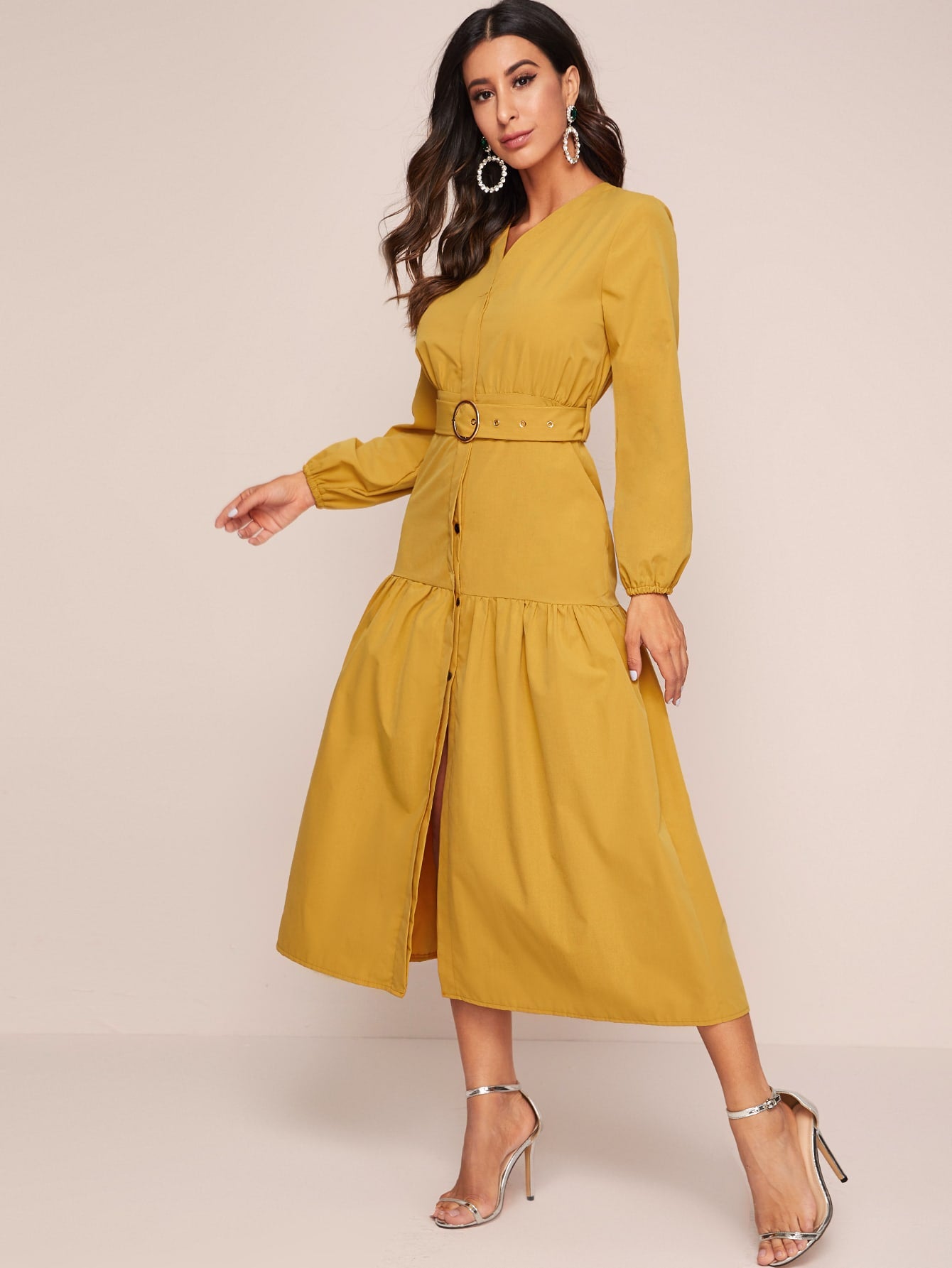 Hidden Button Front Self Tie A-line Dress