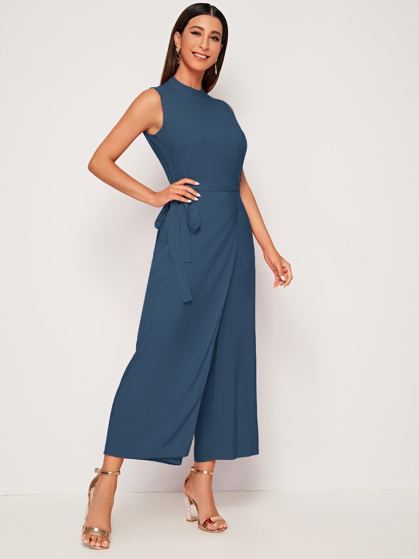 Mock Neck Self Tie Wrap Culotte Jumpsuit