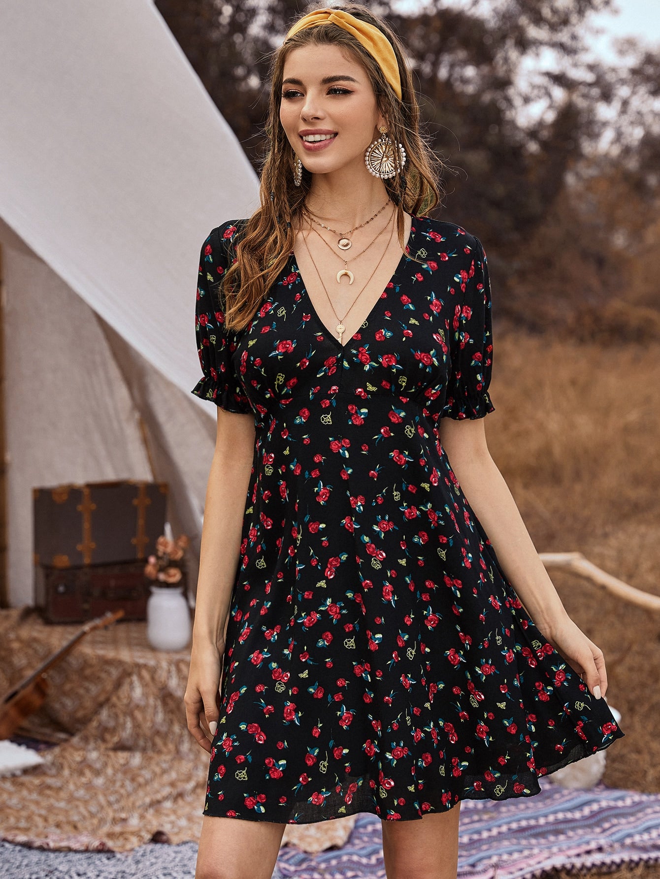 Ditsy Floral V-Neck Flare Hem Dress
