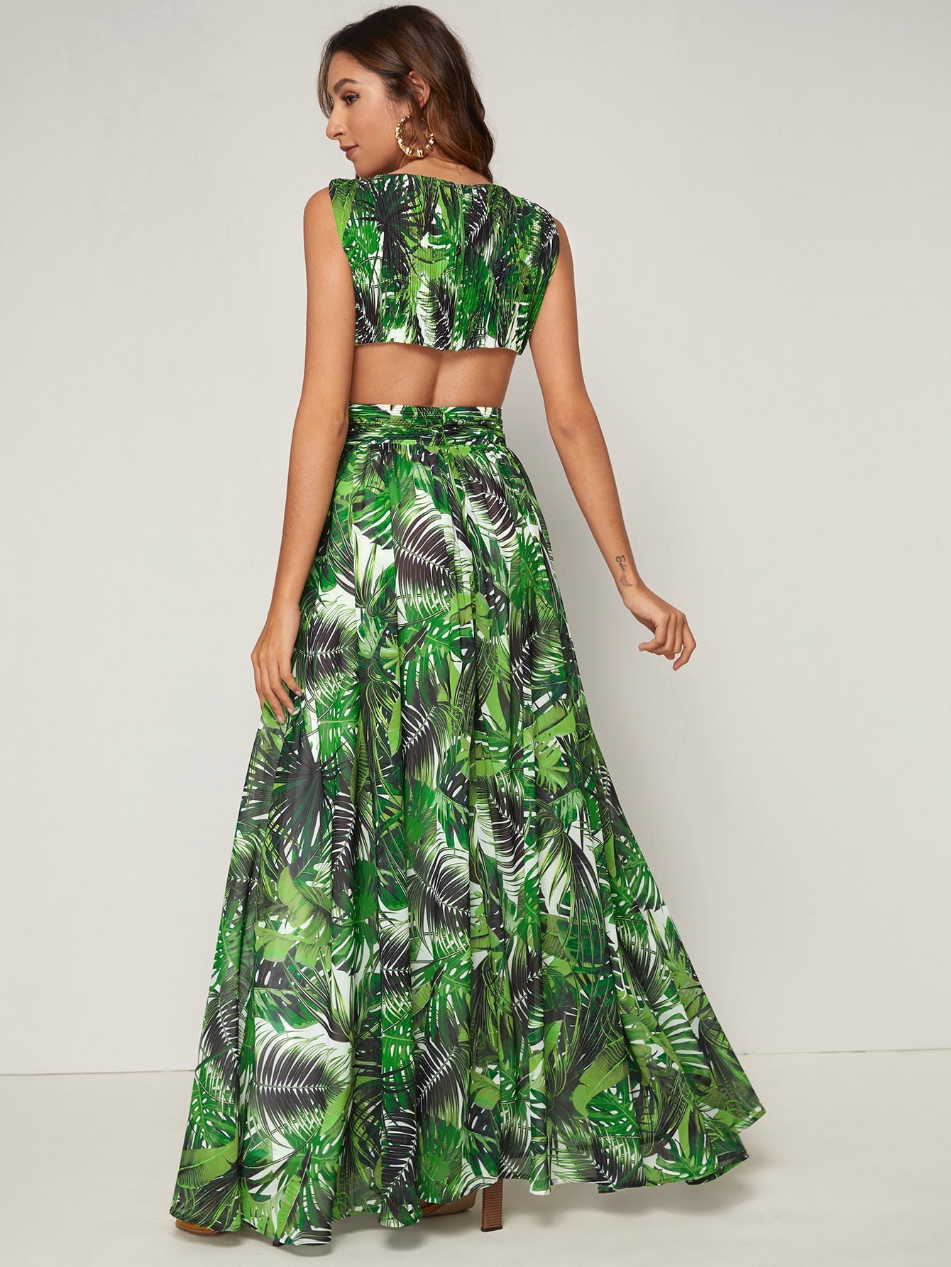 Tropical Print Plunging Neck Cutout Detail Dress