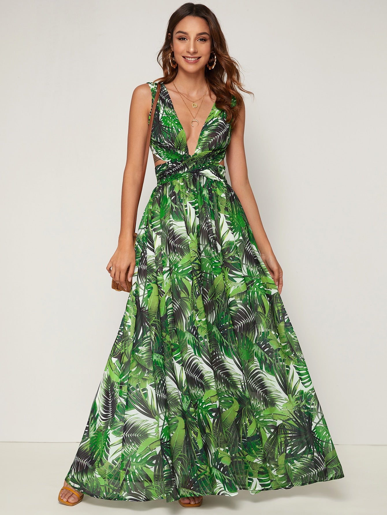 Tropical Print Plunging Neck Cutout Detail Dress