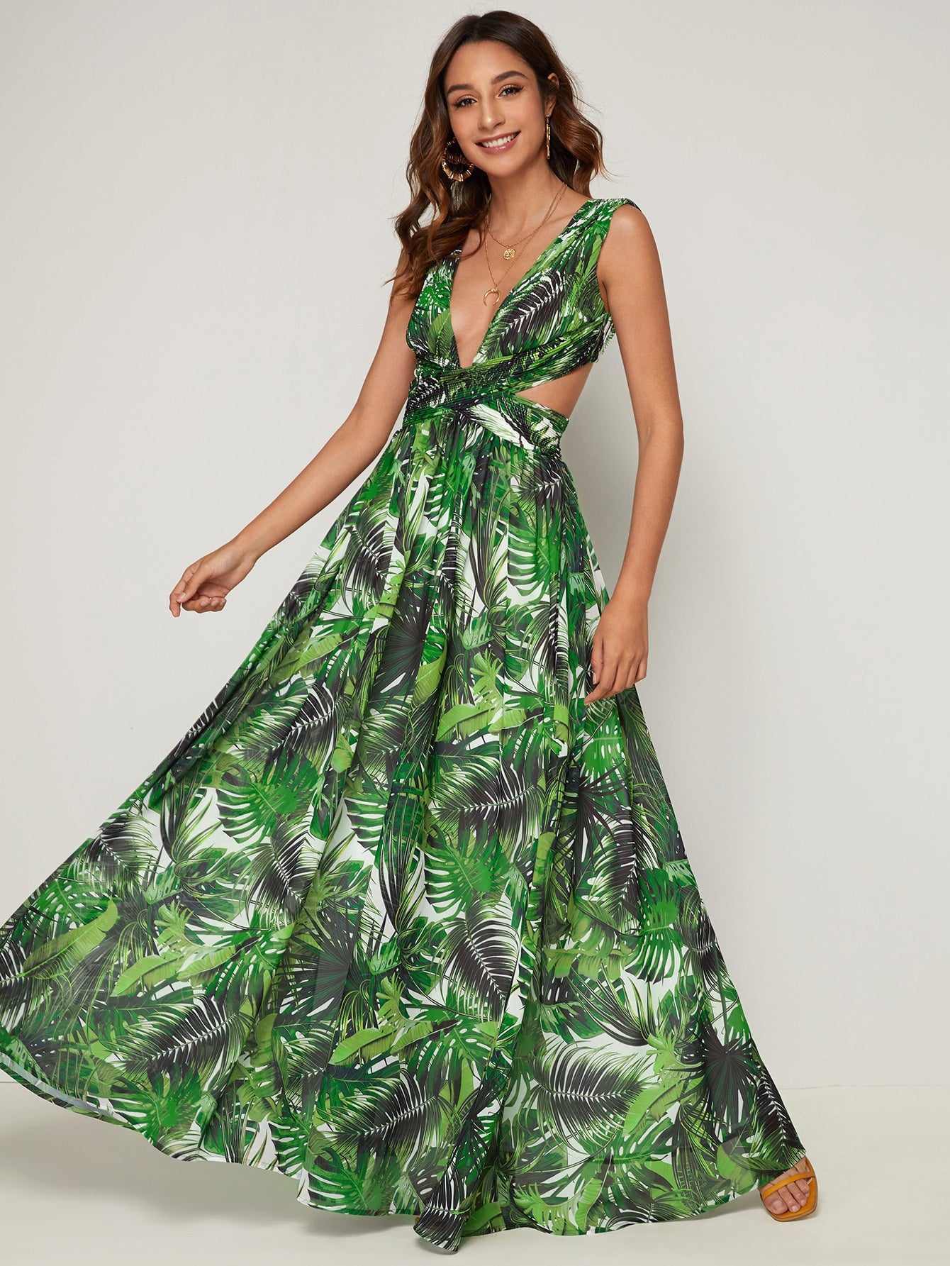 Tropical Print Plunging Neck Cutout Detail Dress