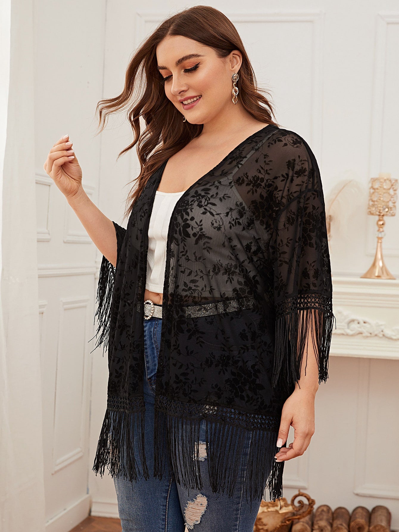 Plus Open Front Fringe Hem Flocked Mesh Sheer Kimono