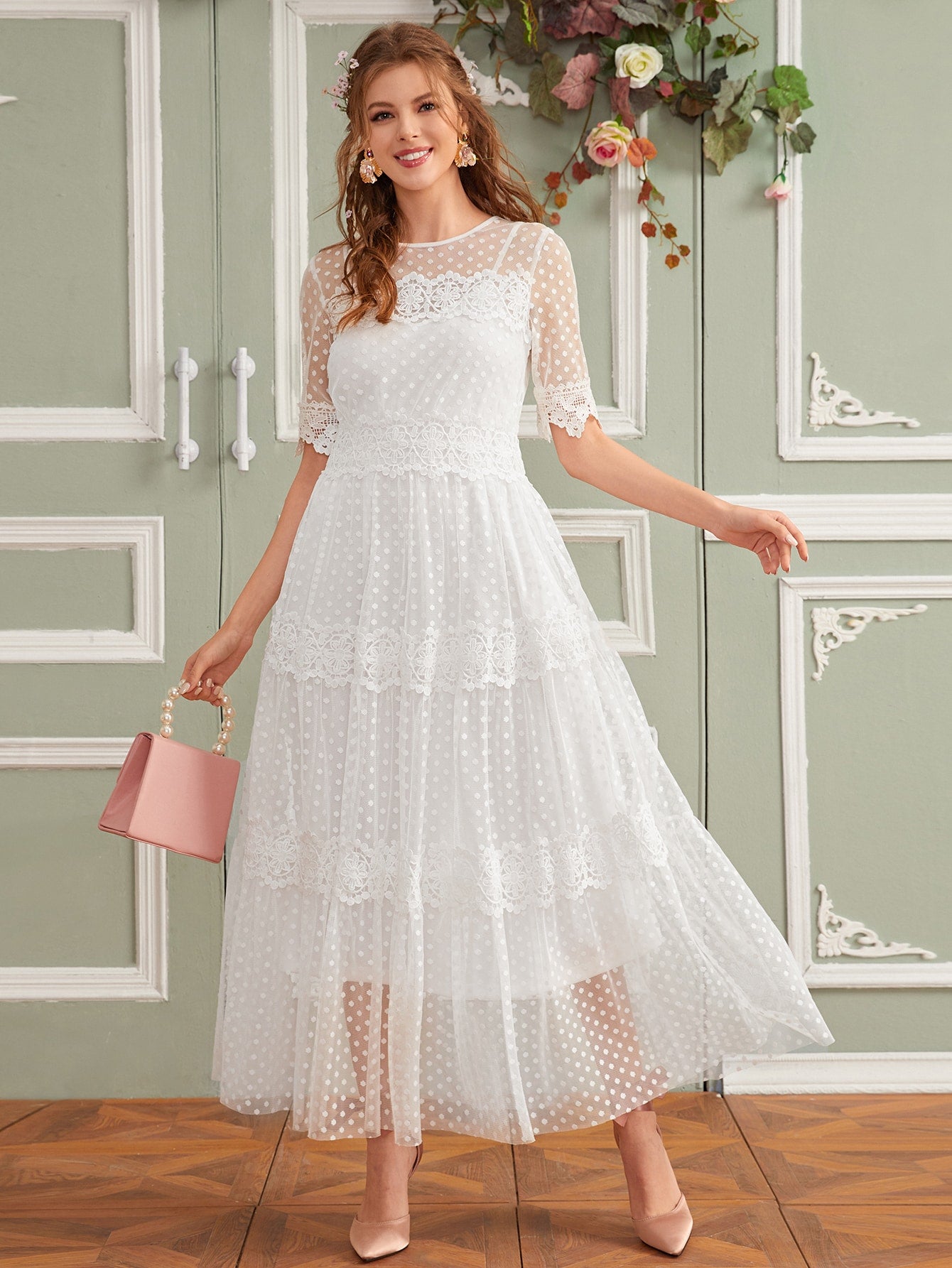 Lace Detail Dot Mesh 2 In 1 Dress
