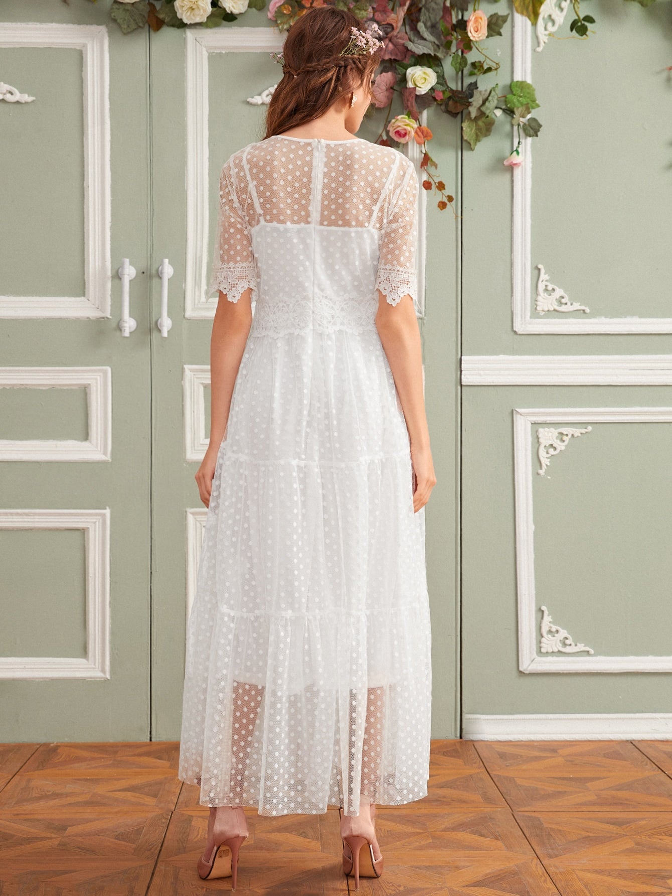 Lace Detail Dot Mesh 2 In 1 Dress