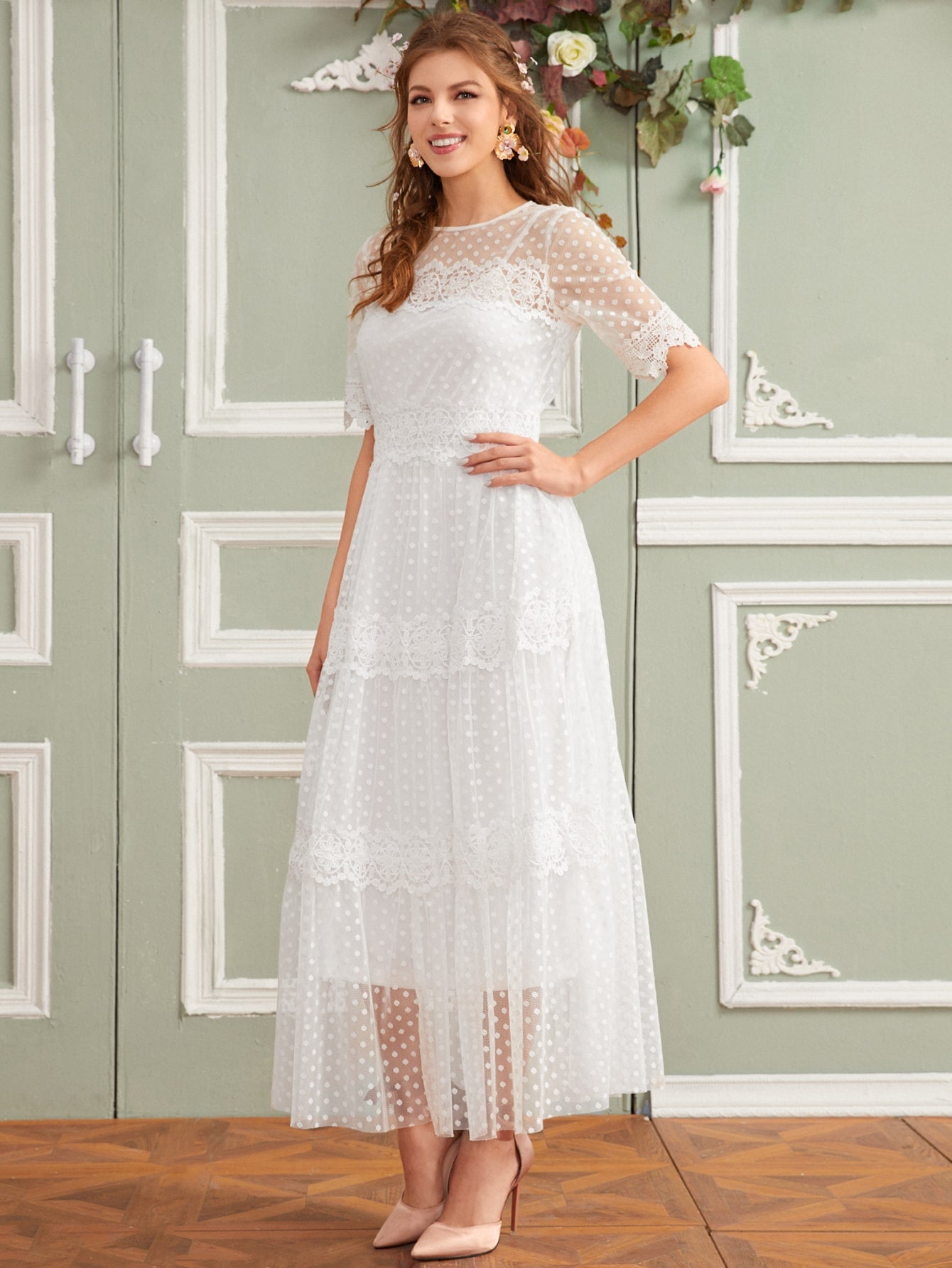 Lace Detail Dot Mesh 2 In 1 Dress