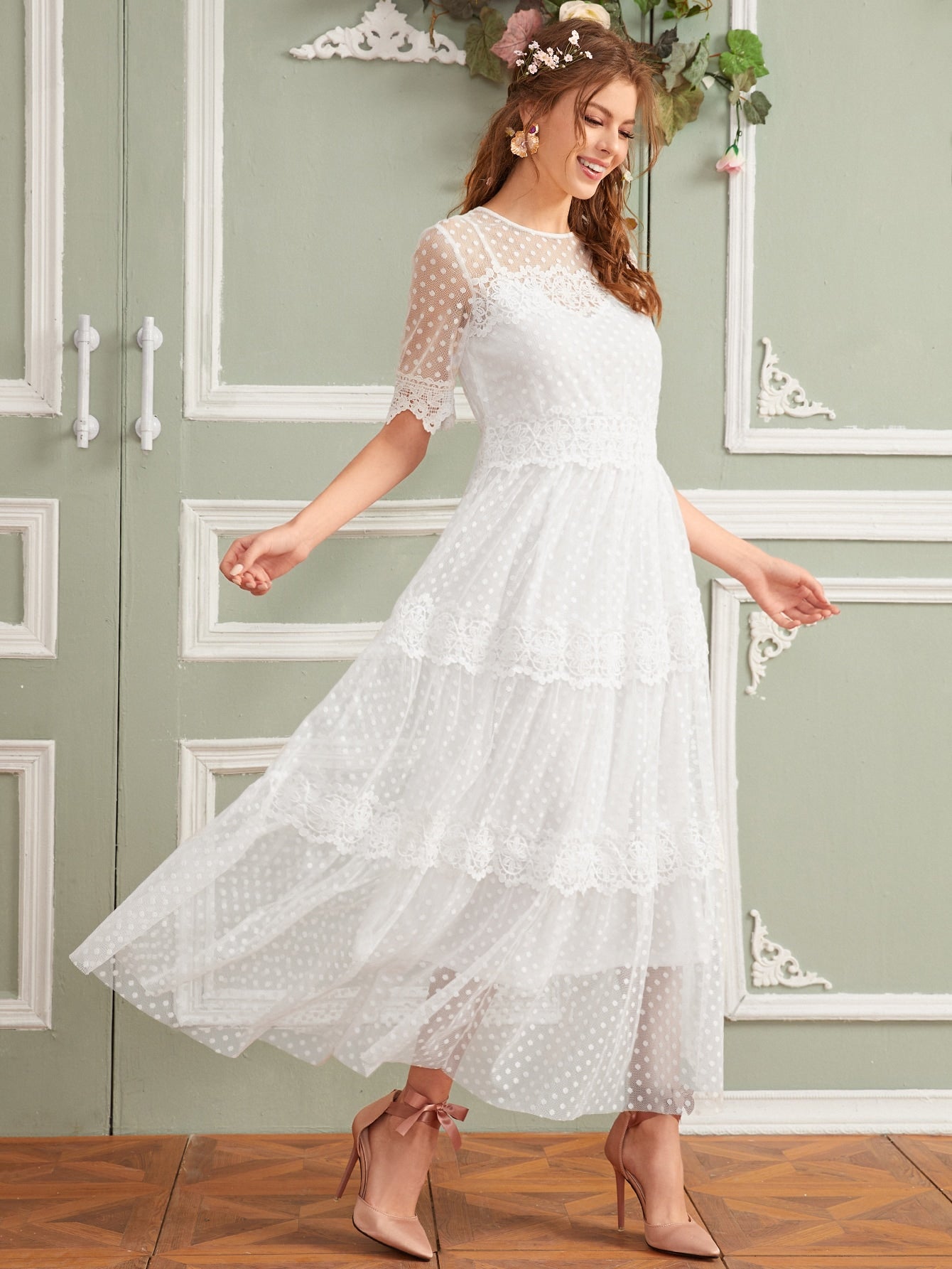 Lace Detail Dot Mesh 2 In 1 Dress