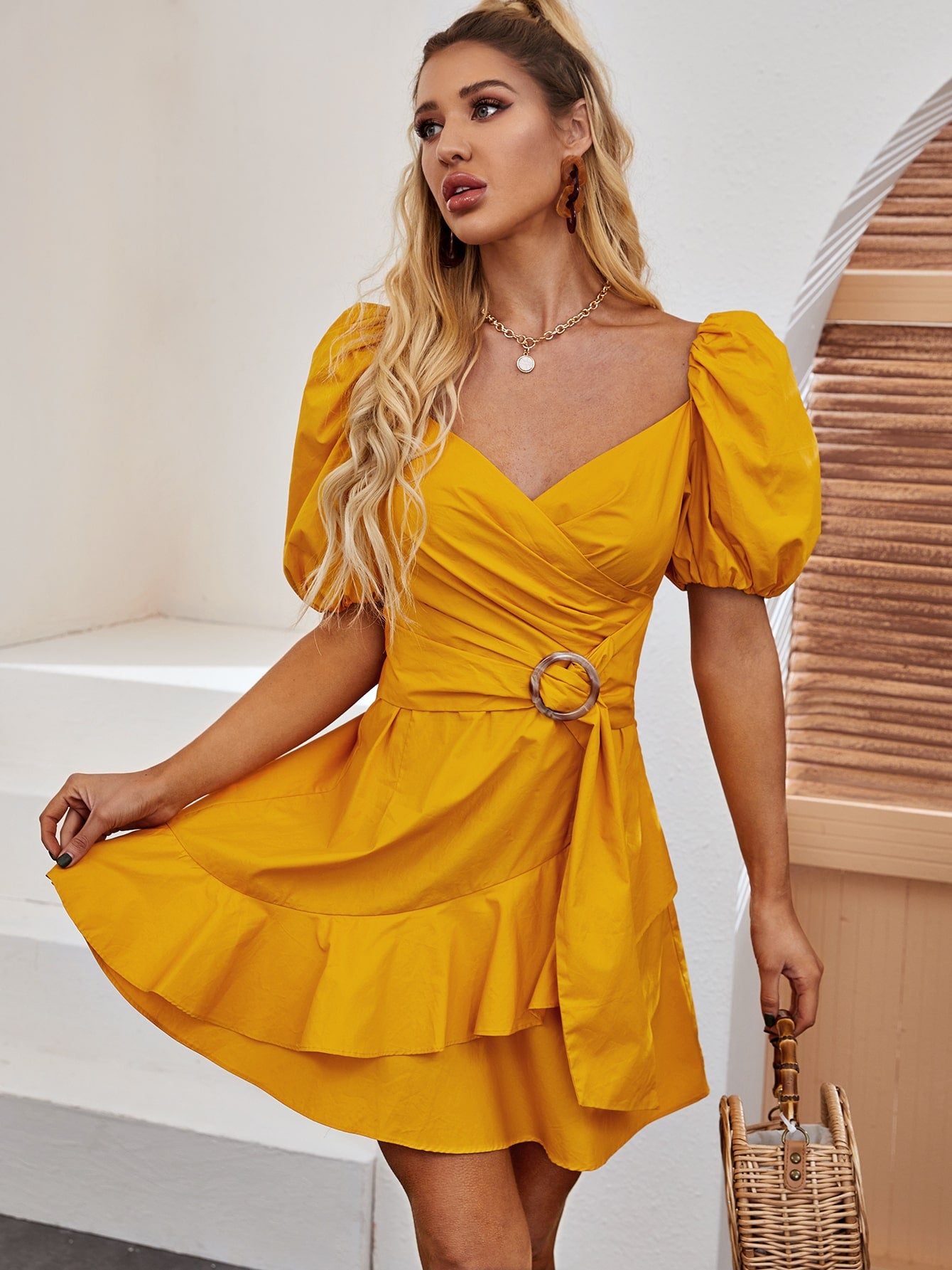 Surplice Neck Tie Front Ruffle Hem Dress