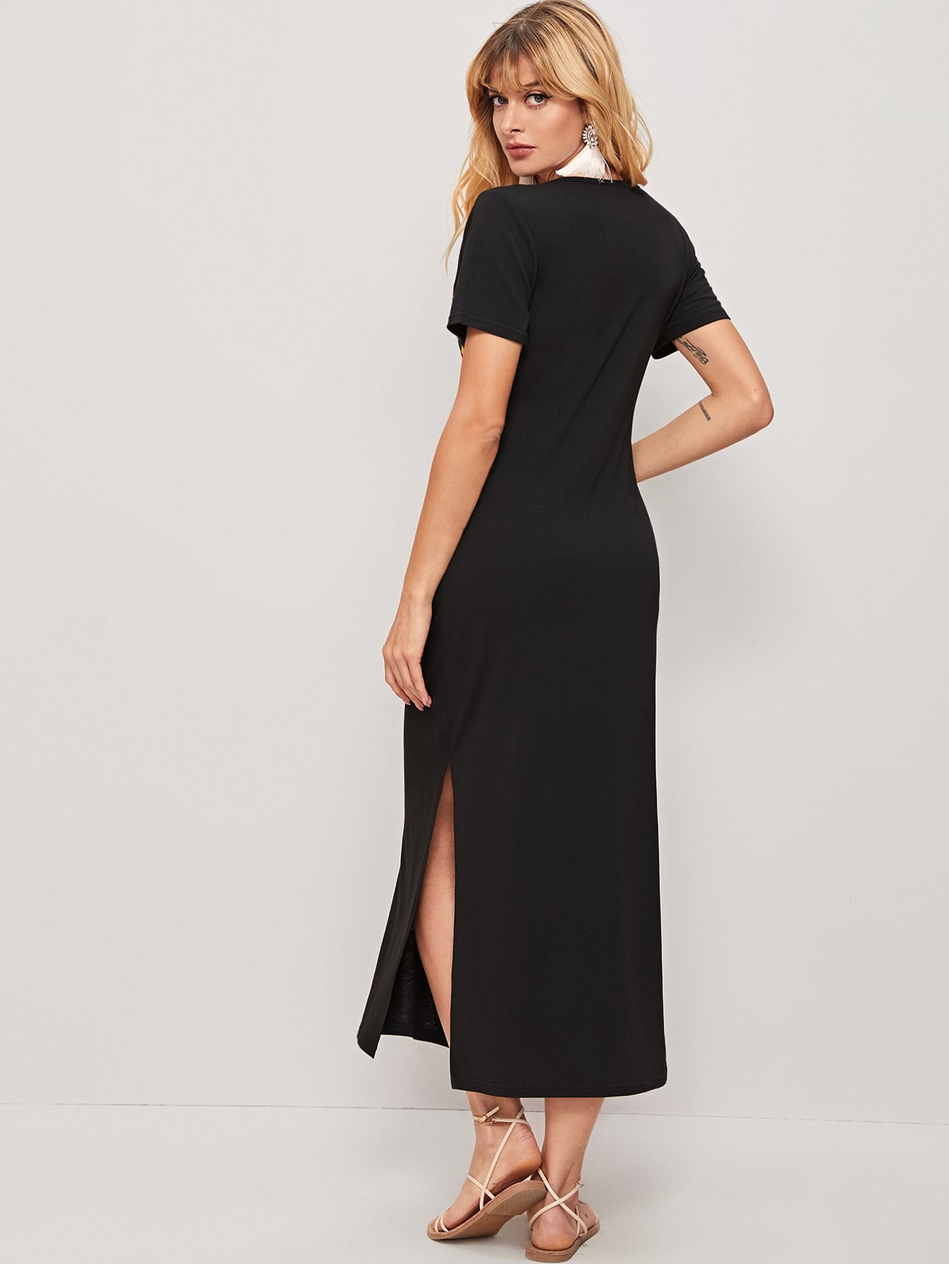 Floral Embroidery Split Thigh Tee Dress