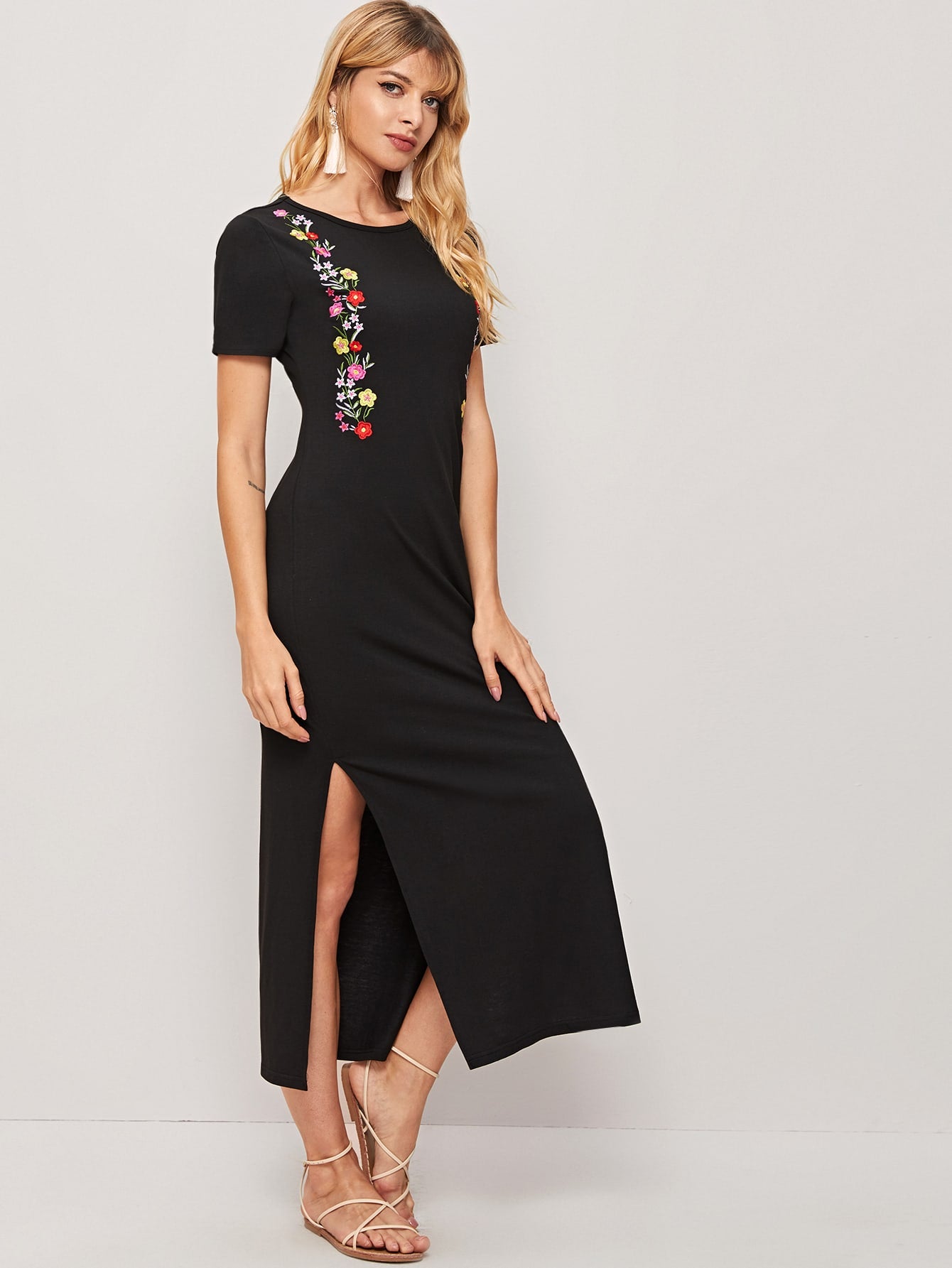 Floral Embroidery Split Thigh Tee Dress