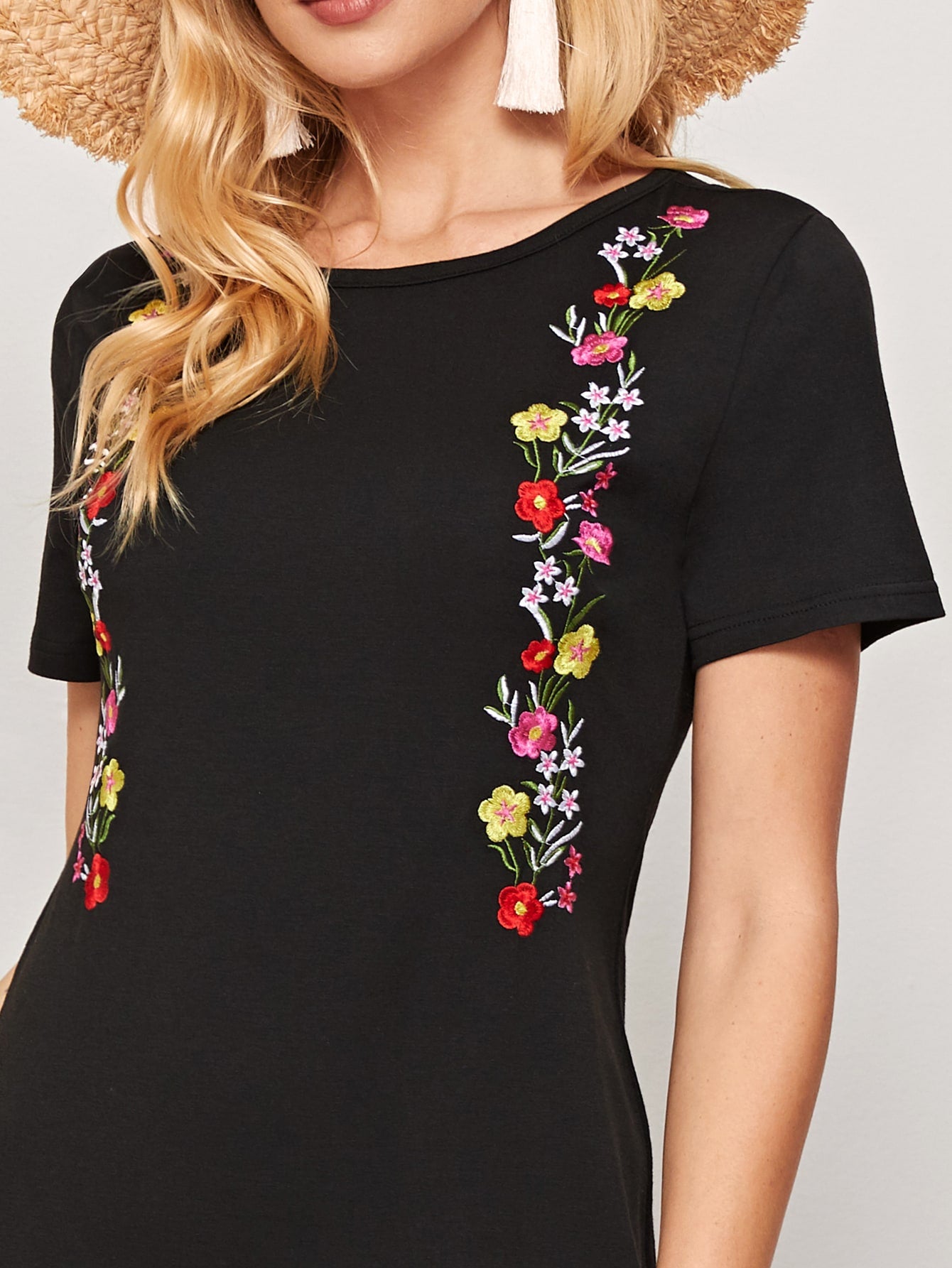 Floral Embroidery Split Thigh Tee Dress