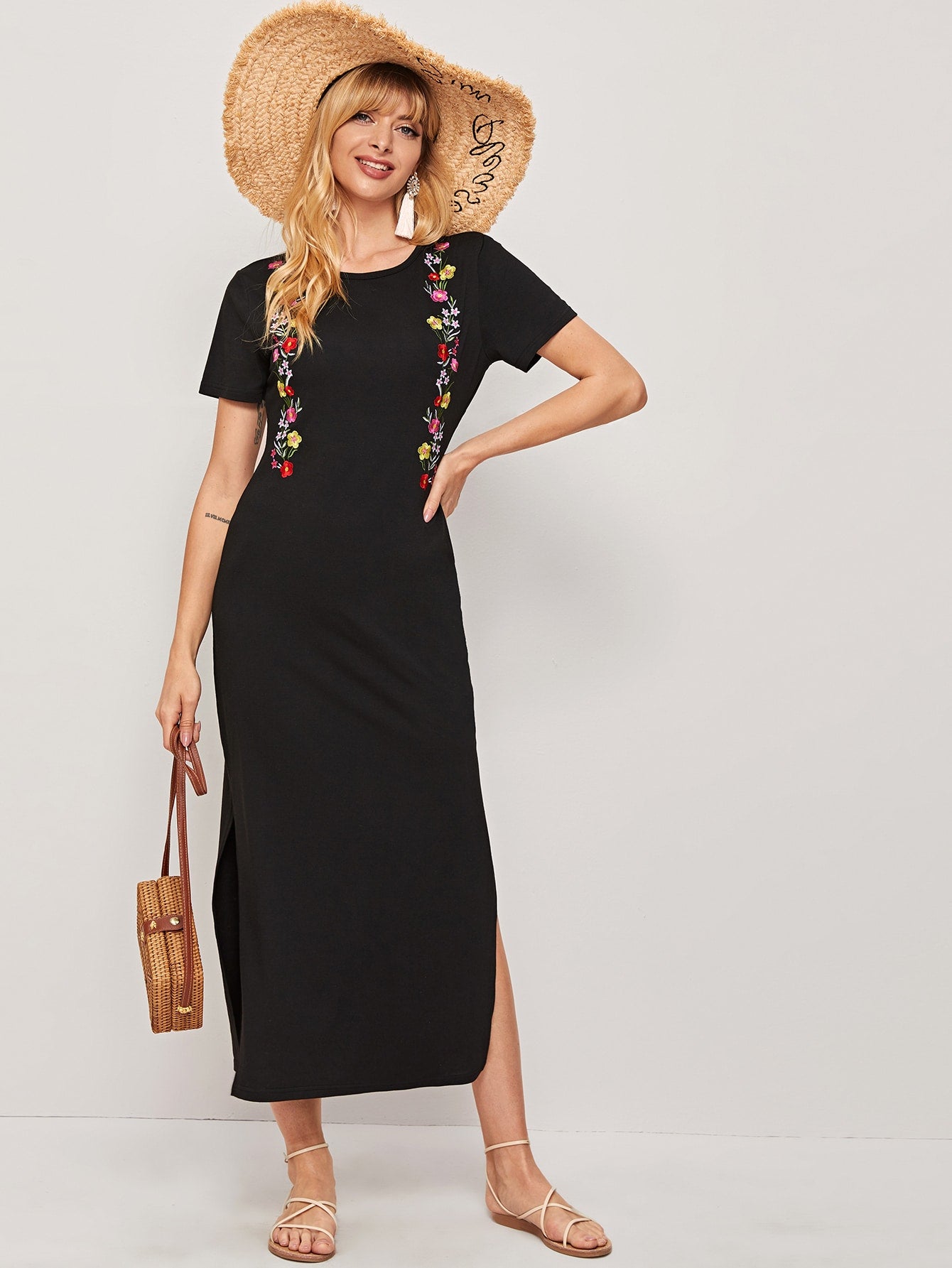 Floral Embroidery Split Thigh Tee Dress