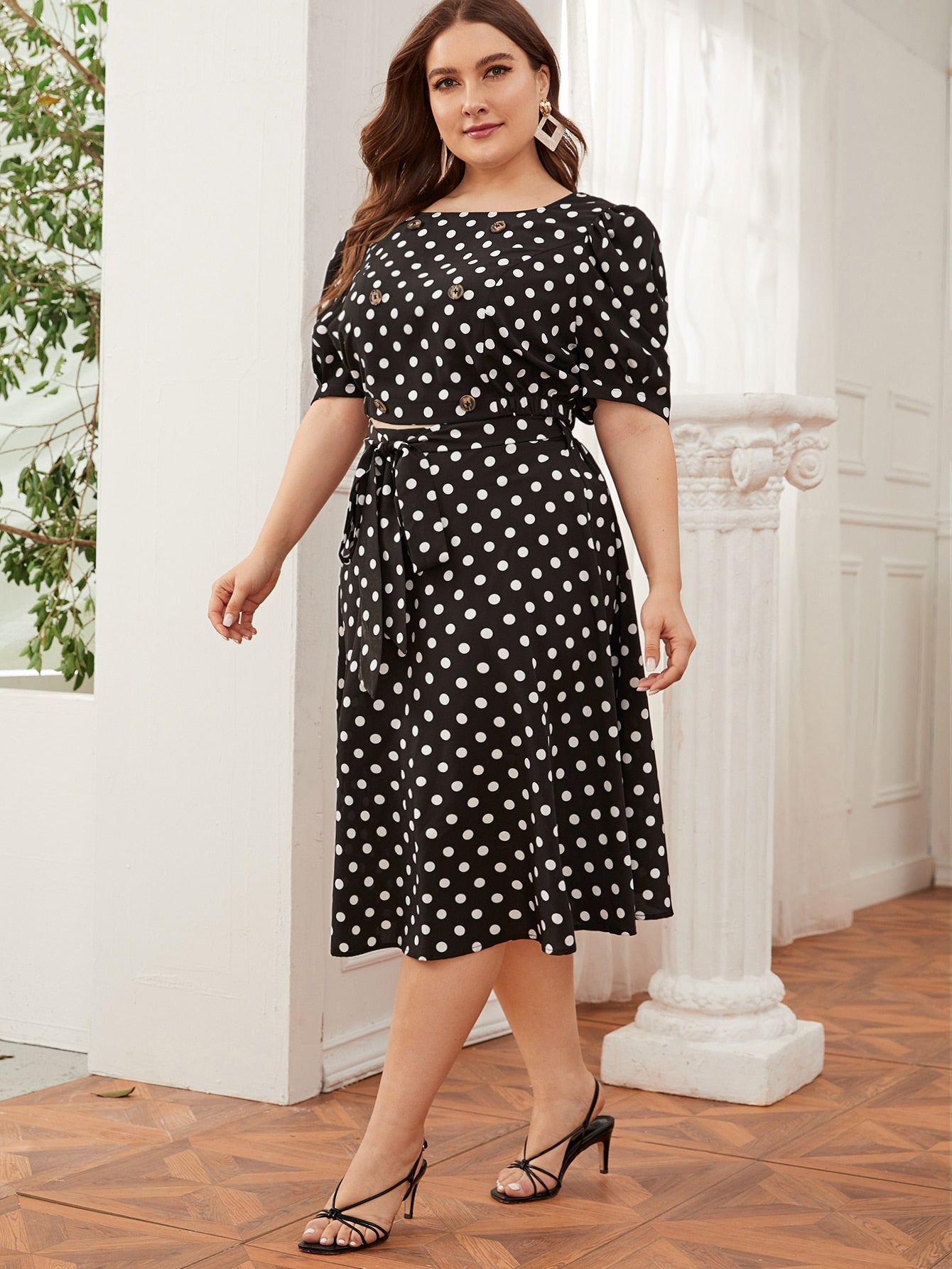 Plus Puff Sleeve Button Detail Polka Dot Top & Belted Skirt Set