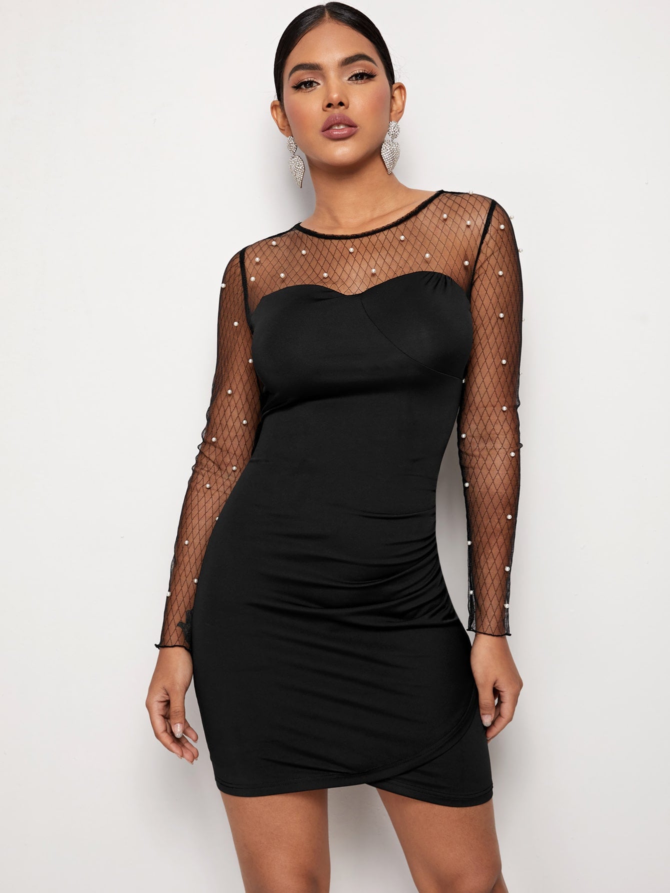Pearls Beaded Plaid Mesh Yoke Ruched Bodycon Dress