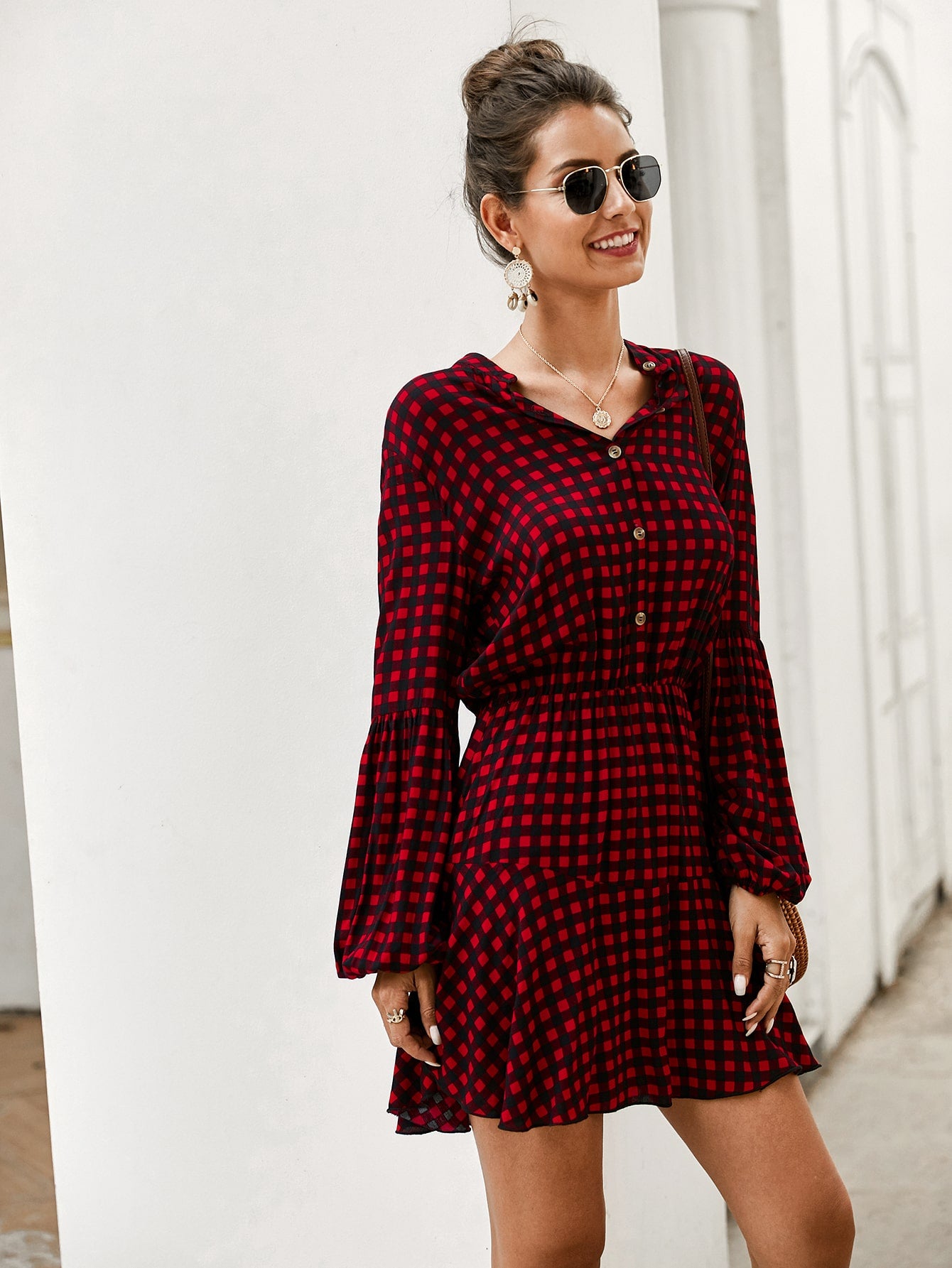 Amy's Cart Gingham Lantern Sleeve Shirt Dress