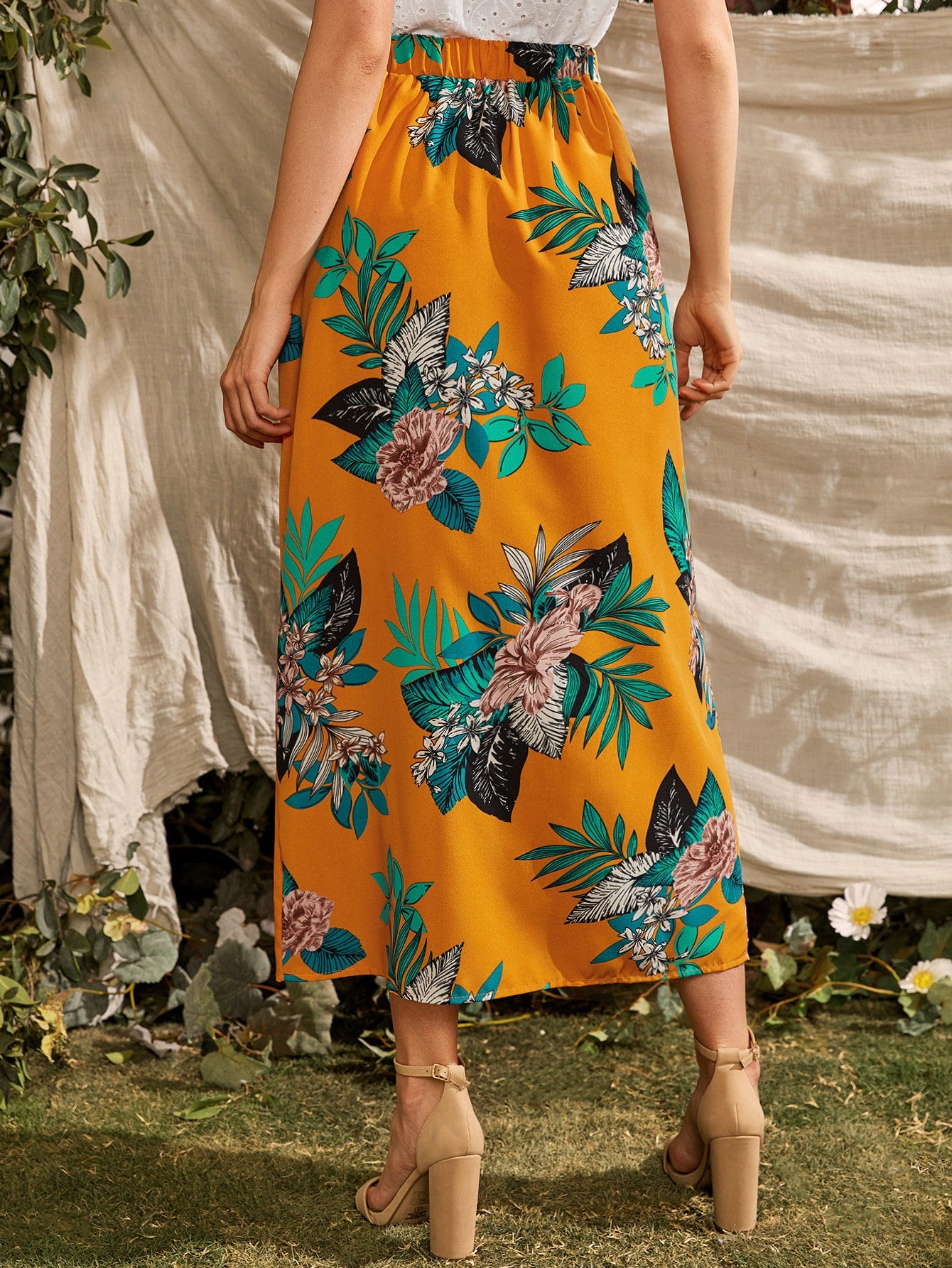 Button Front Floral Maxi Skirt