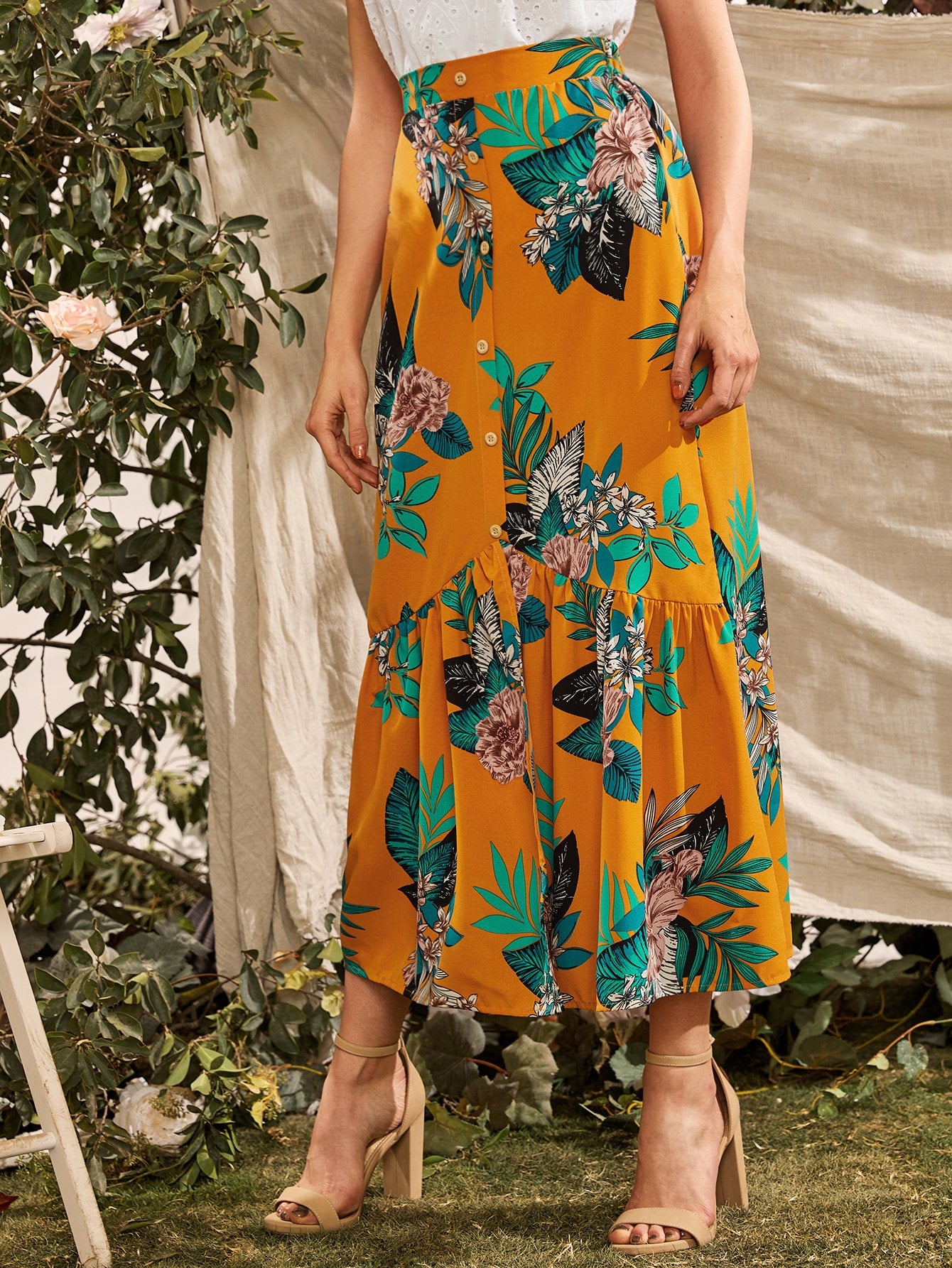 Button Front Floral Maxi Skirt