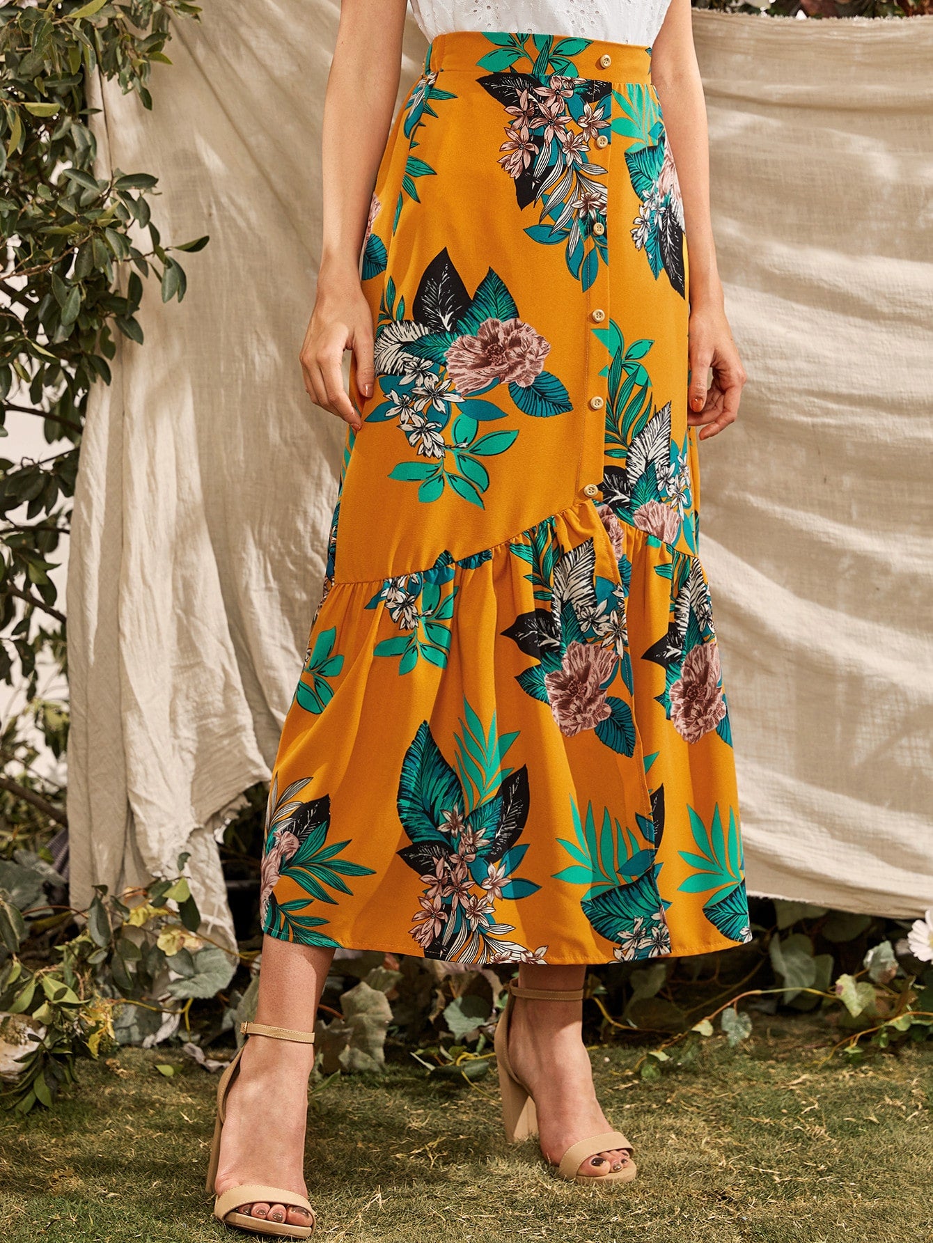 Button Front Floral Maxi Skirt