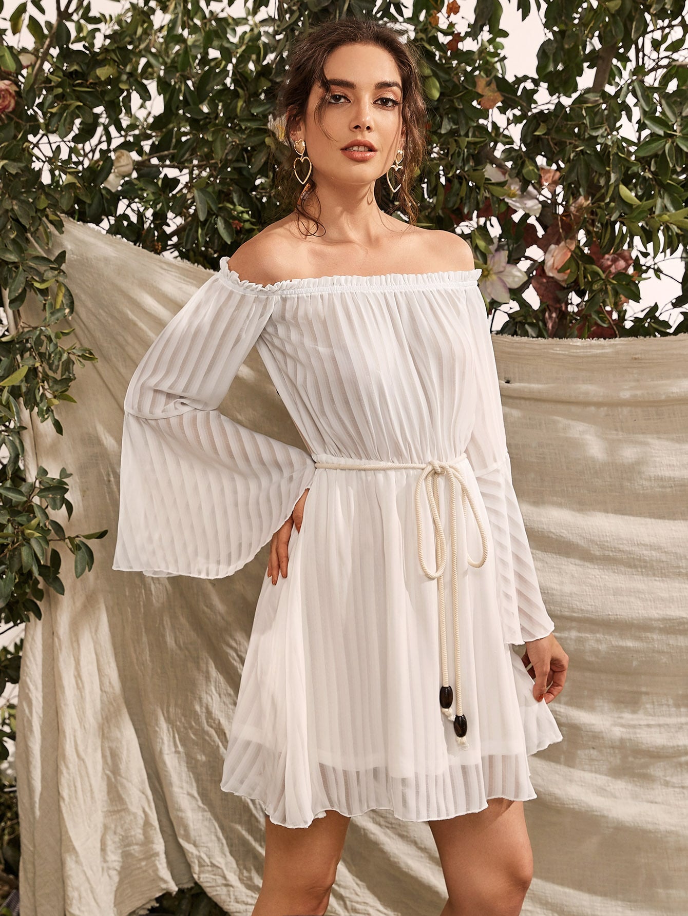 Bell Sleeve Frill Trim Belted Bardot Dress