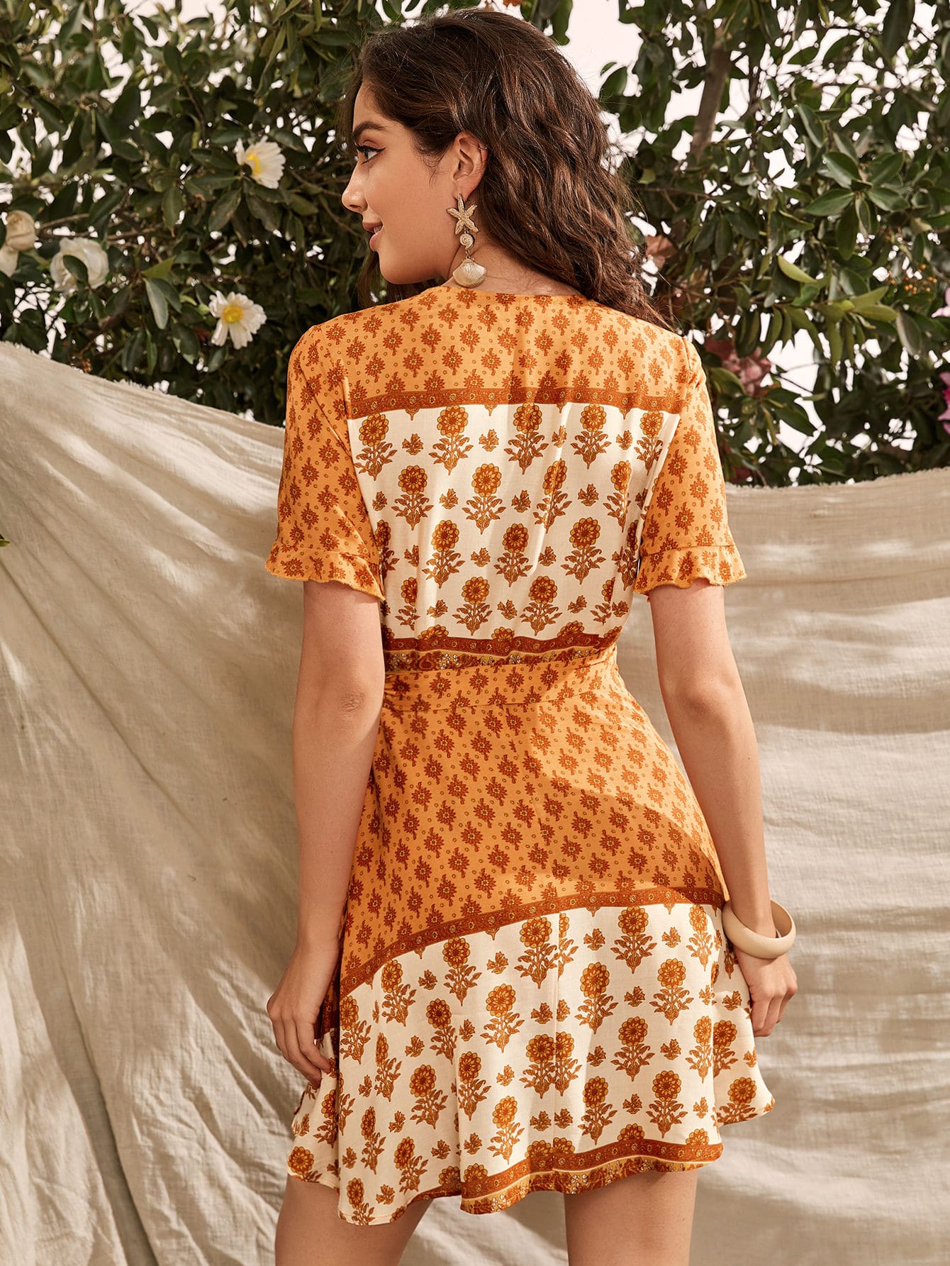 Ruffle Cuff Wrap Belted Floral Dress