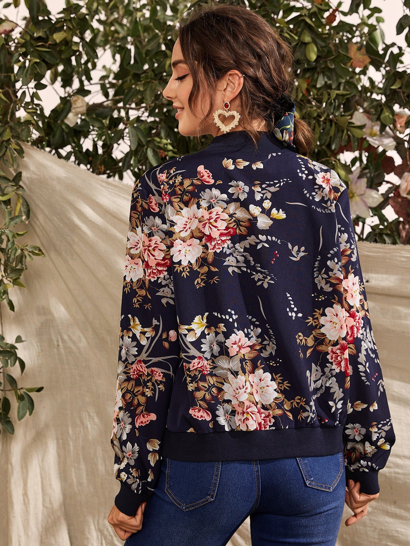 Botanical Print O-ring Zip Up Bomber Jacket