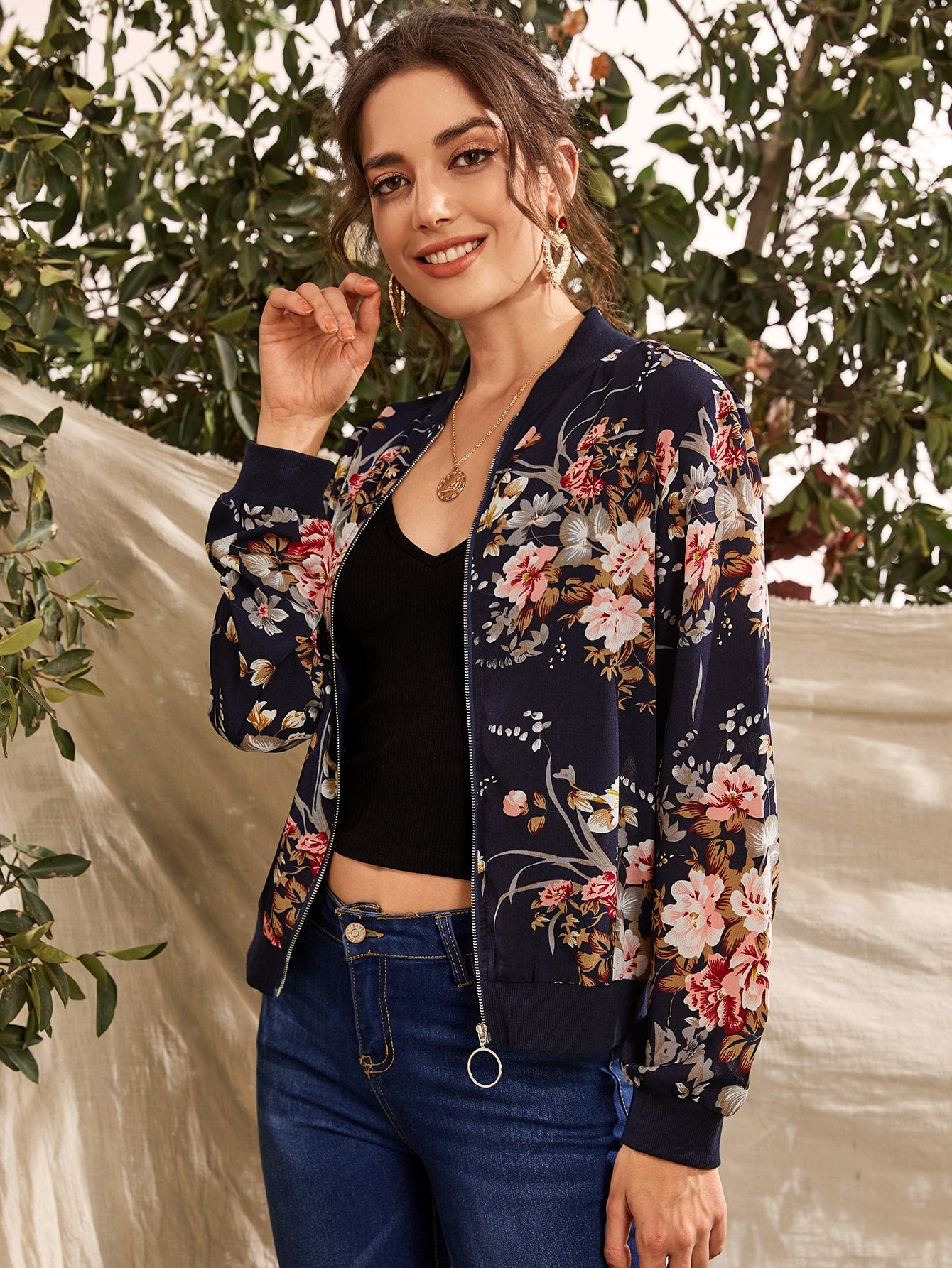Botanical Print O-ring Zip Up Bomber Jacket