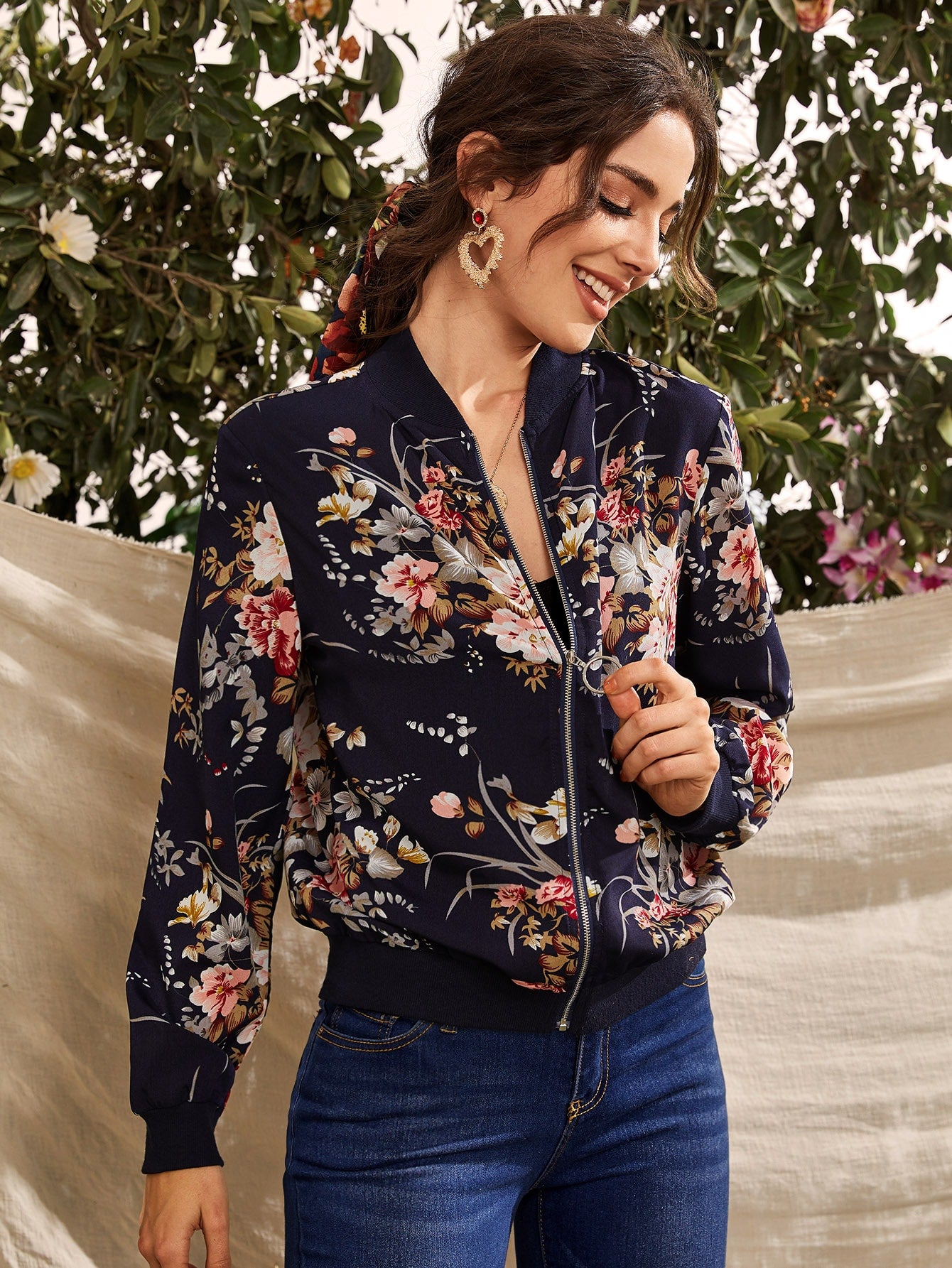 Botanical Print O-ring Zip Up Bomber Jacket