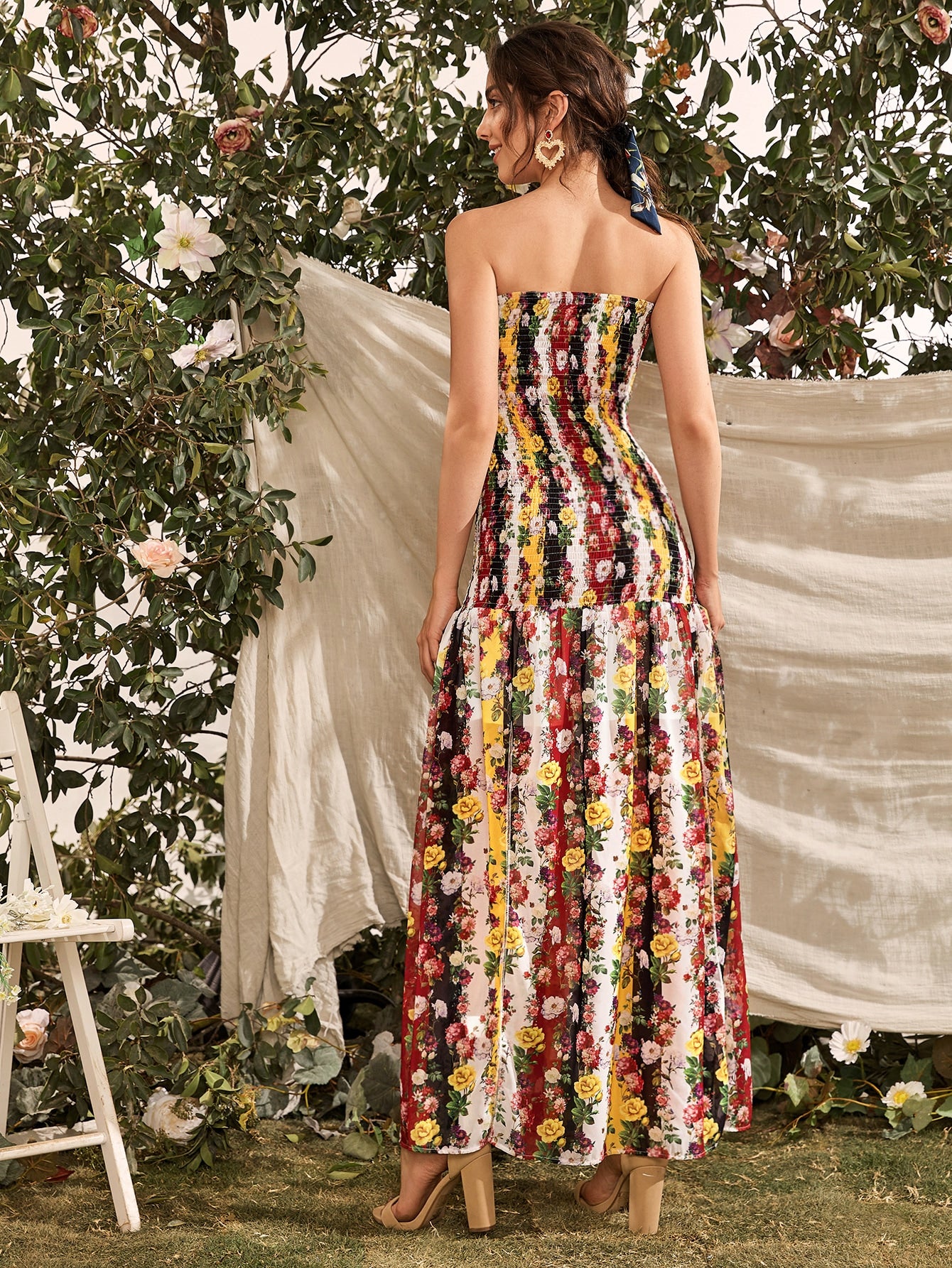 M-slit Hem Floral Print Shirred Tube Dress