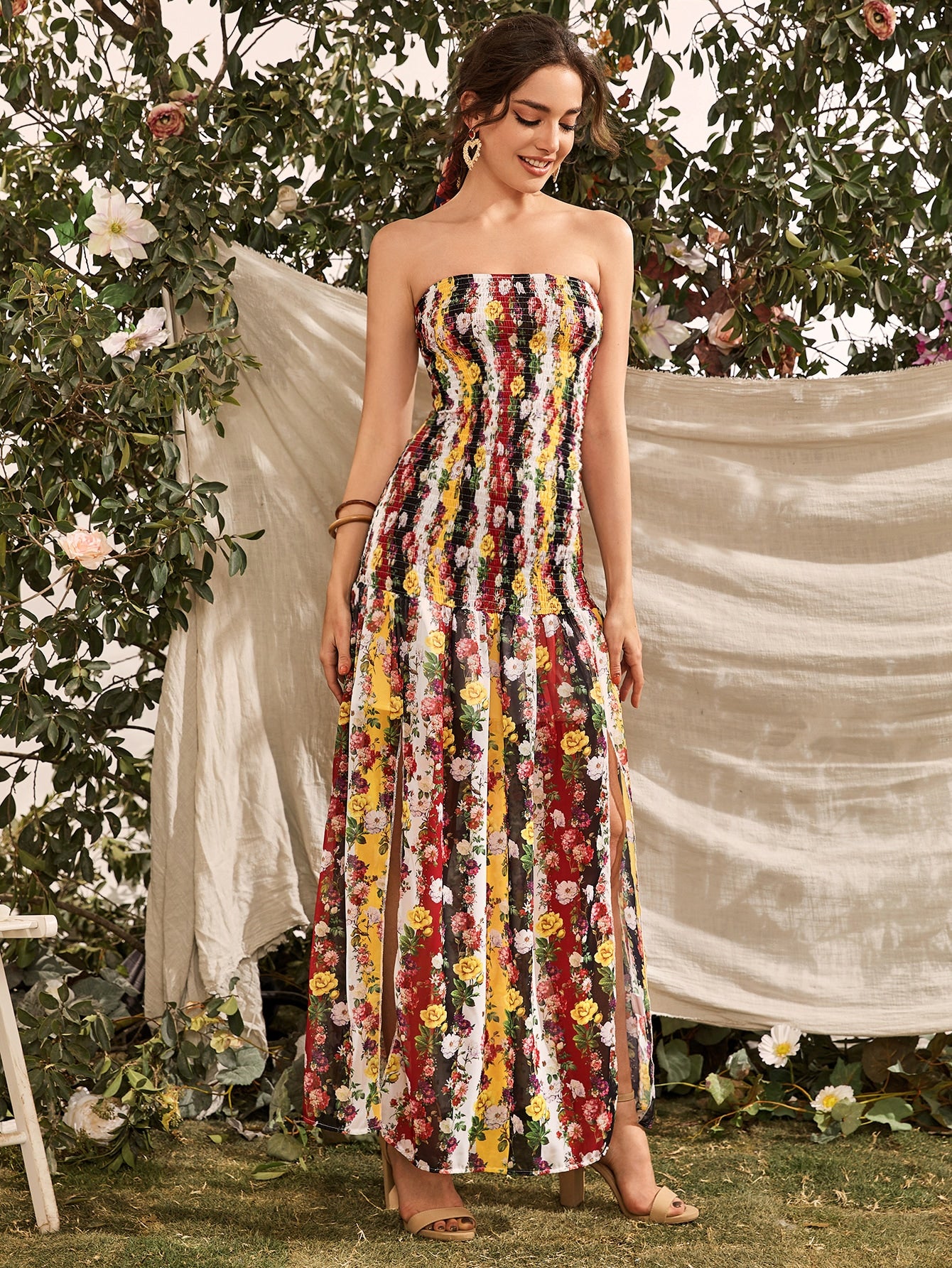 M-slit Hem Floral Print Shirred Tube Dress