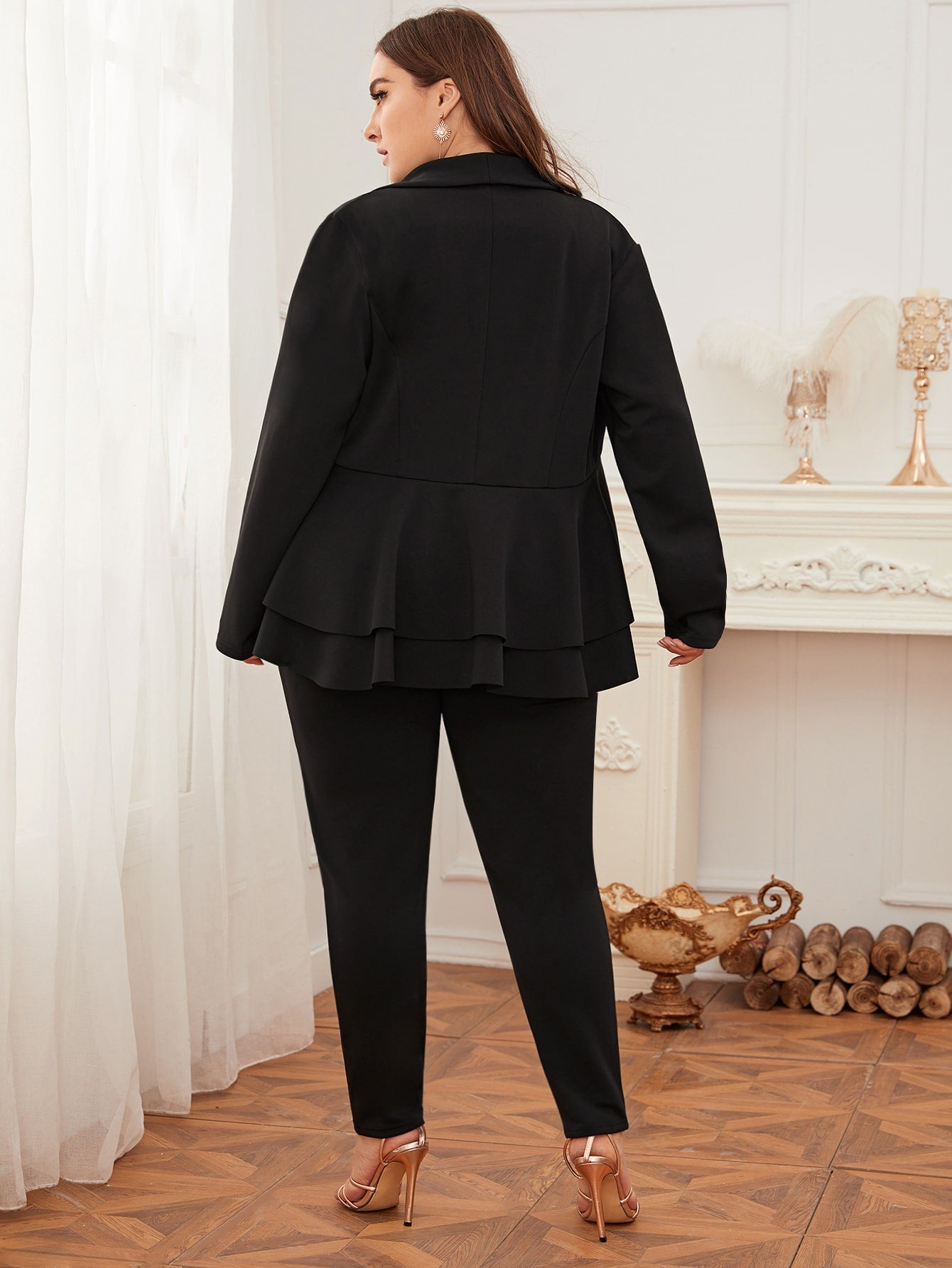 Plus Shawl Collar Peplum Blazer & Pants Set