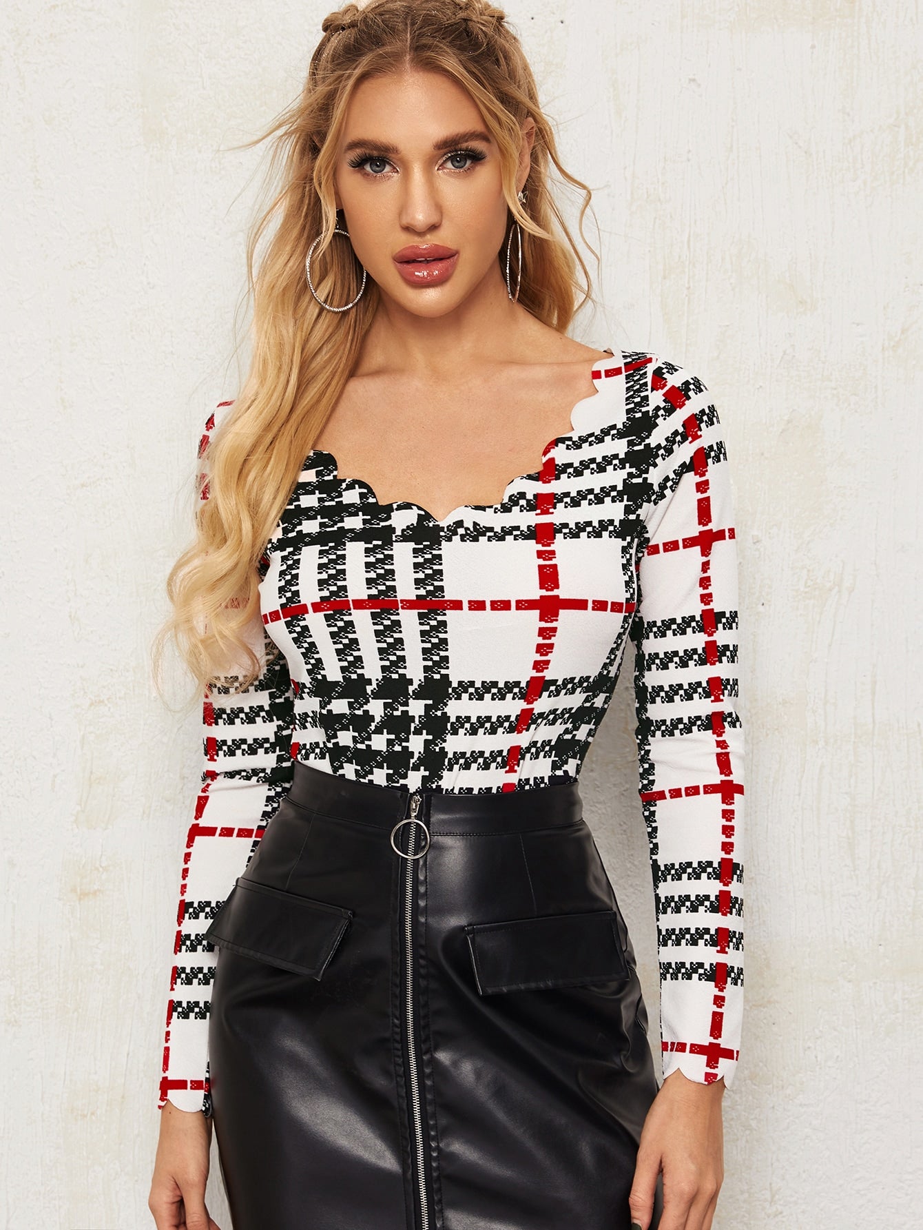 Scallop Trim Neck Plaid Top
