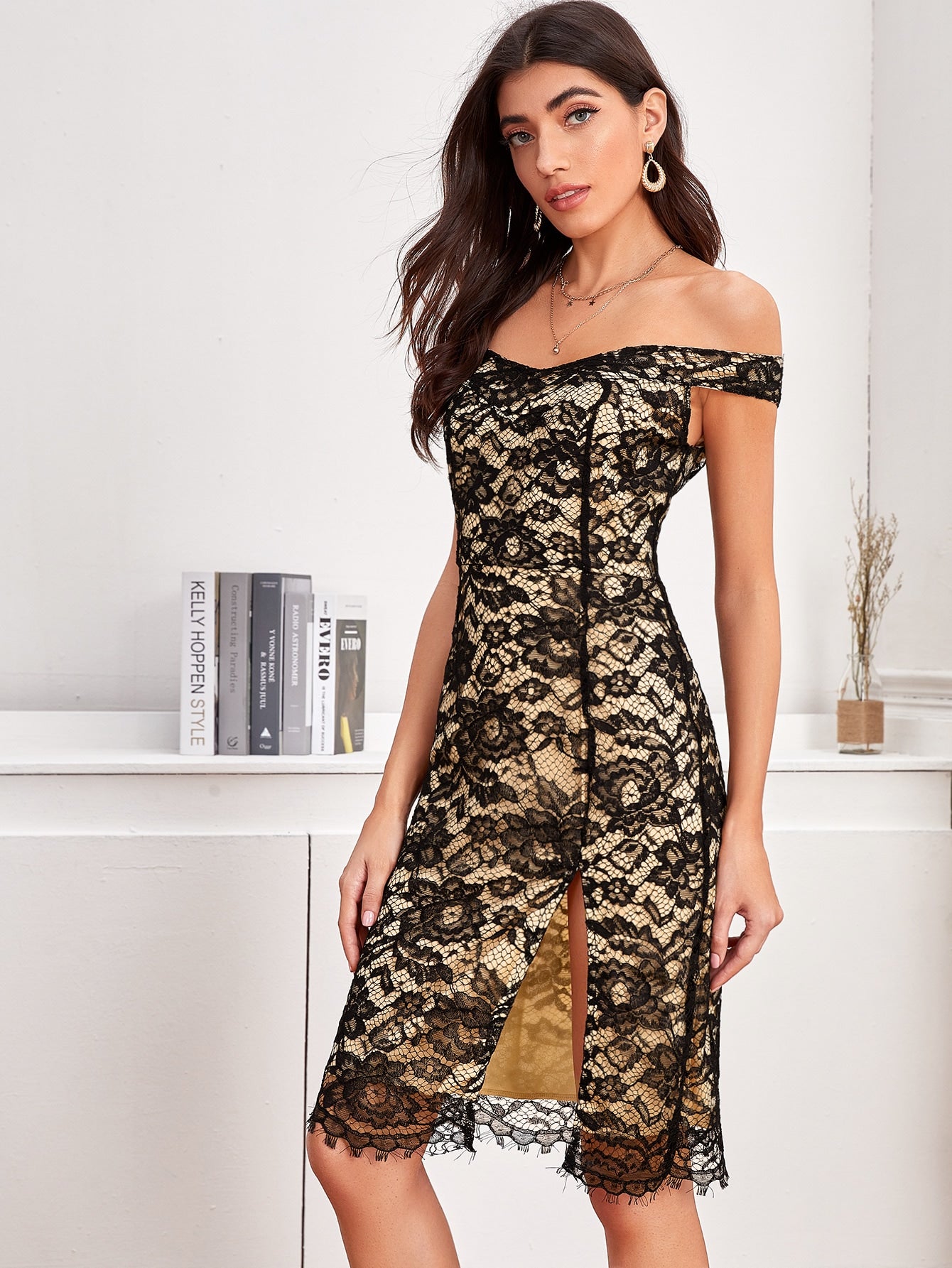 Split Thigh Off Shoulder Lace Dress