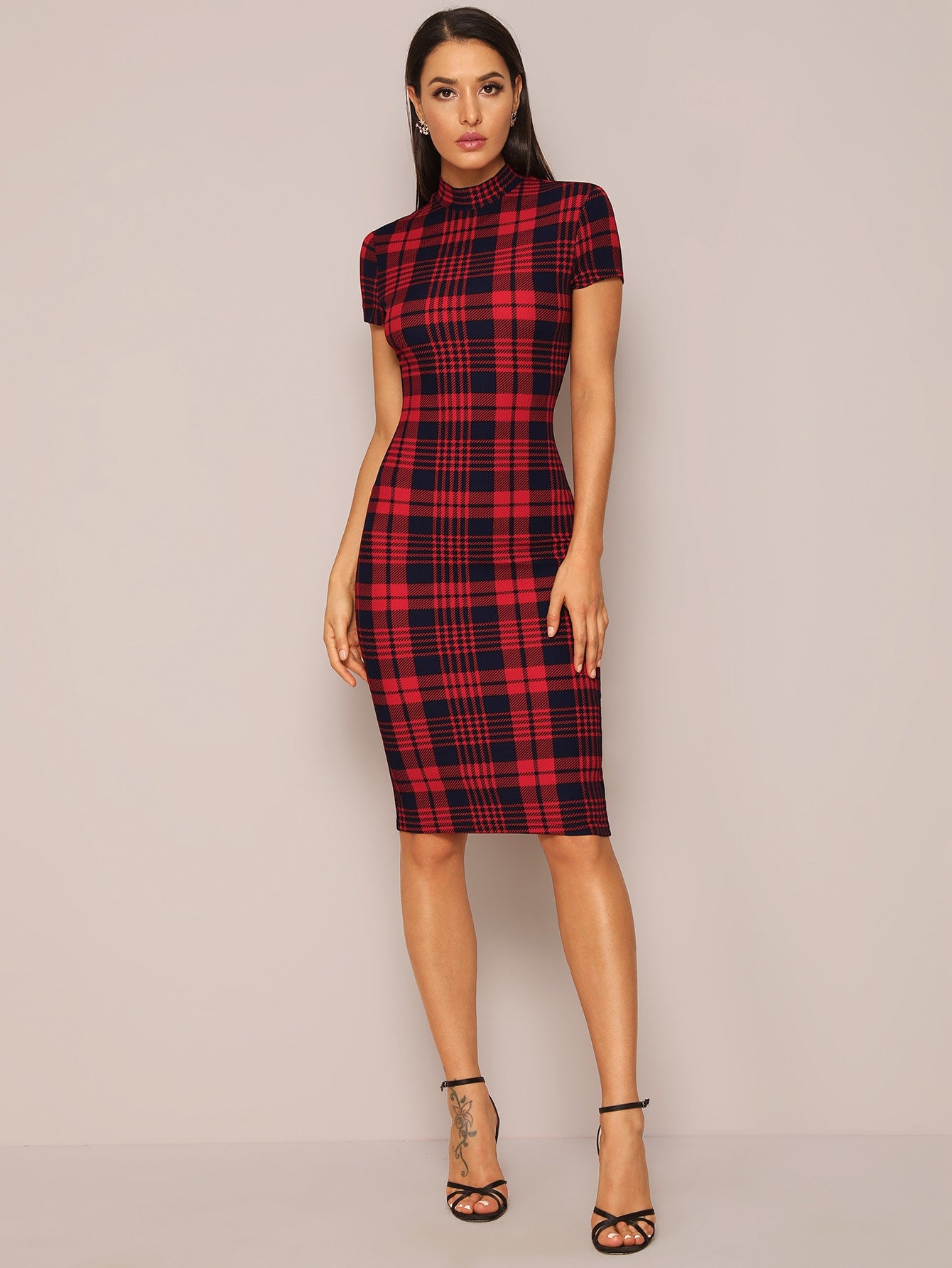 Mock Neck Plaid Pencil Dress