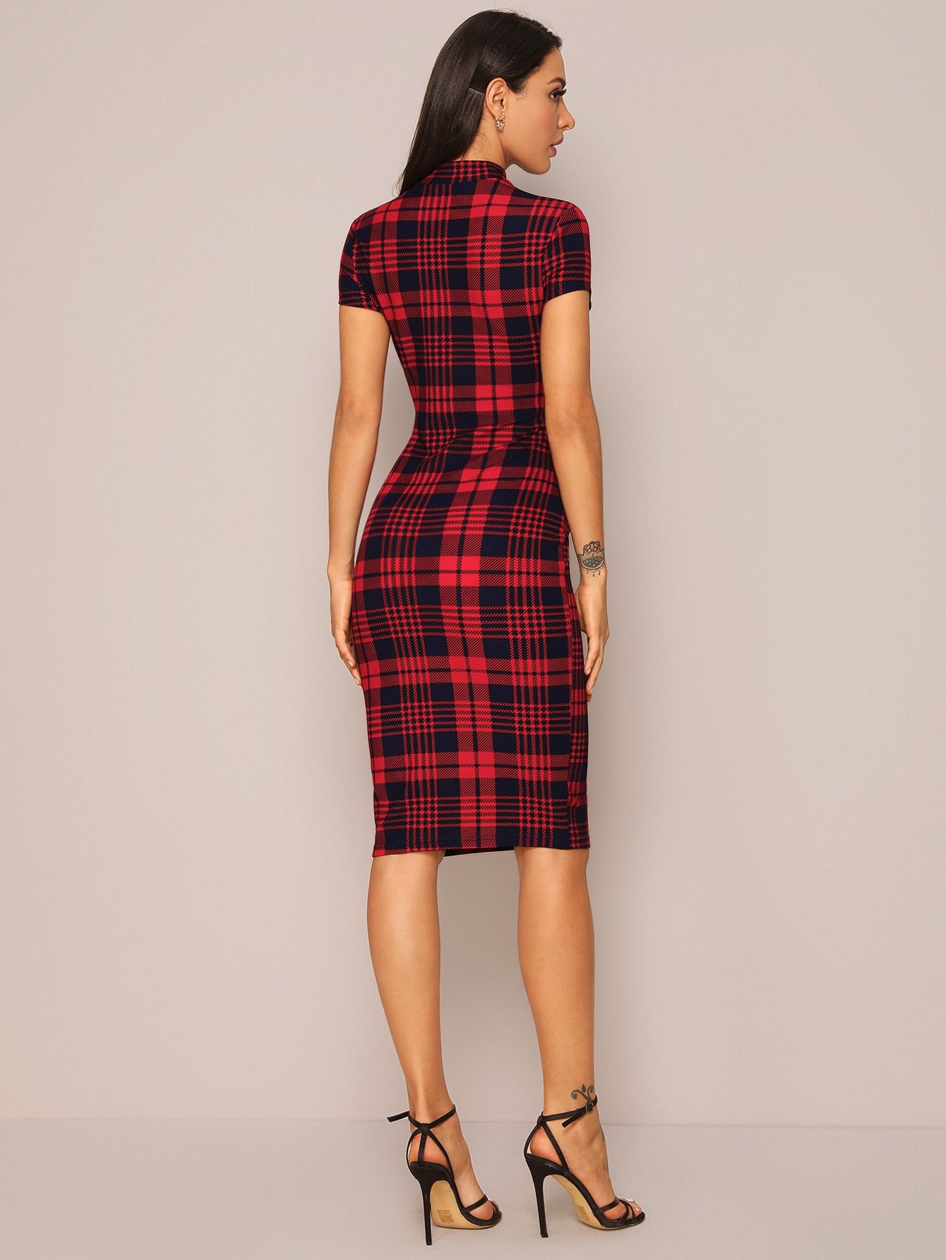 Mock Neck Plaid Pencil Dress