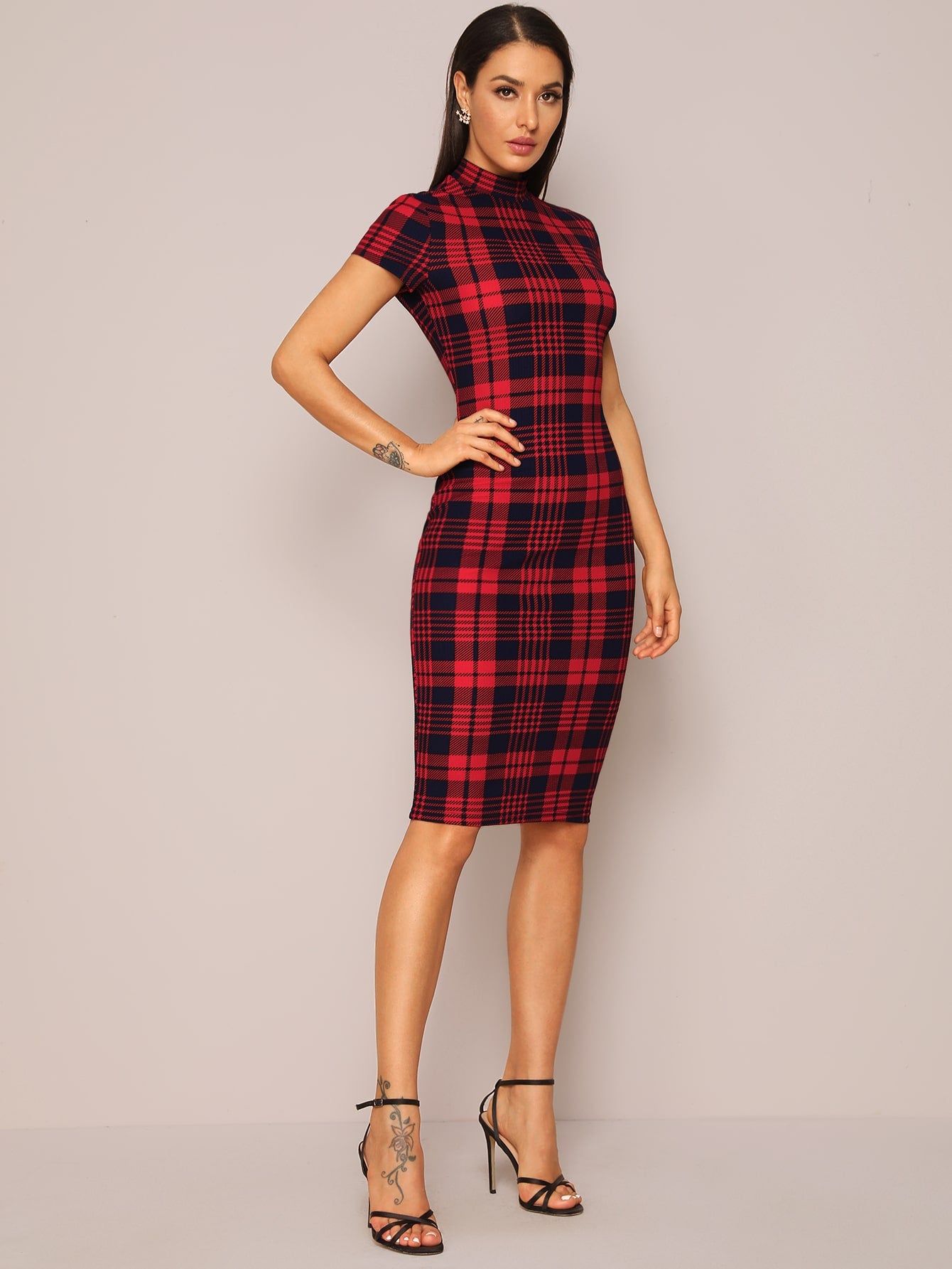 Mock Neck Plaid Pencil Dress