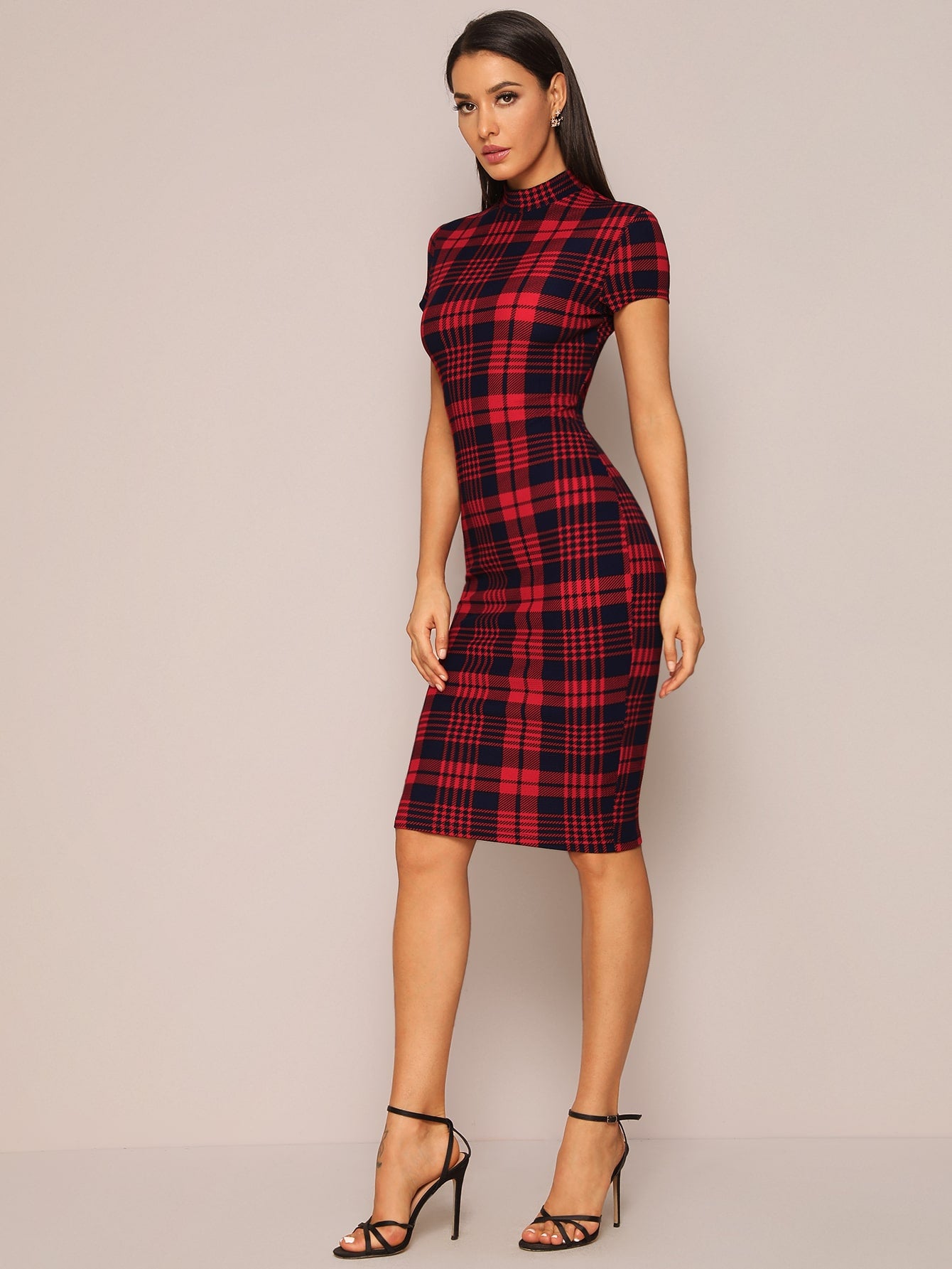 Mock Neck Plaid Pencil Dress