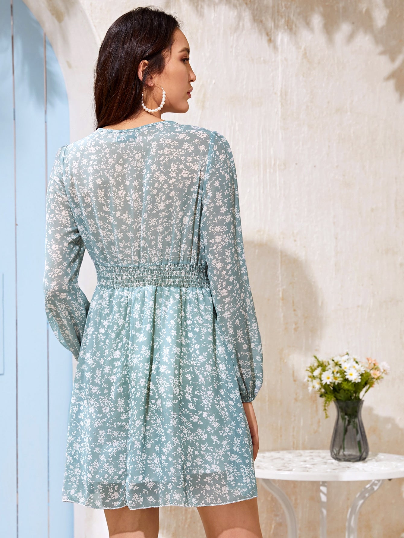 Tie Front Shirred Waist Ditsy Floral Dress