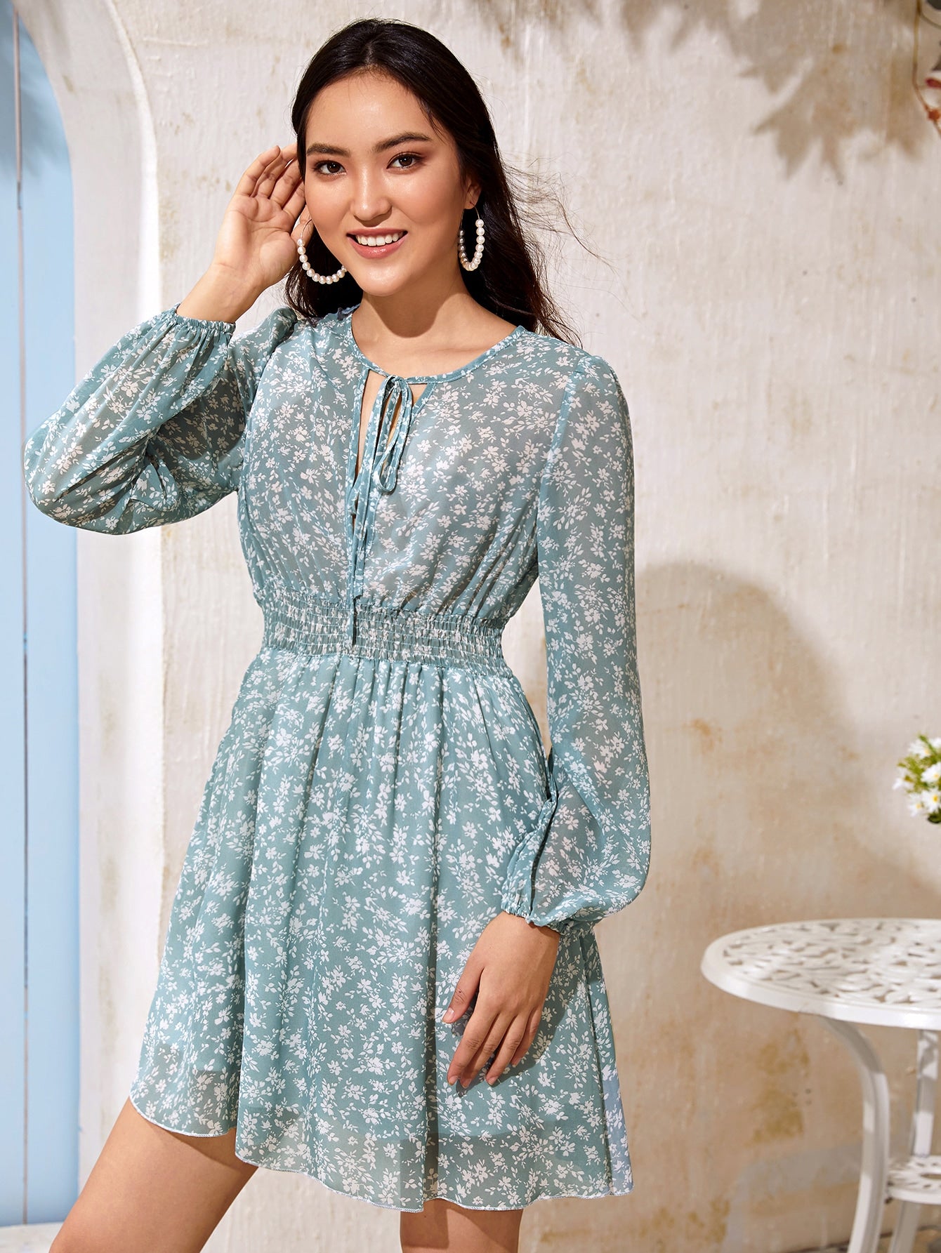Tie Front Shirred Waist Ditsy Floral Dress