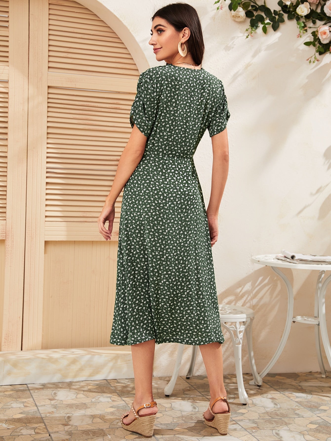Ditsy Floral Button Through Split Dress