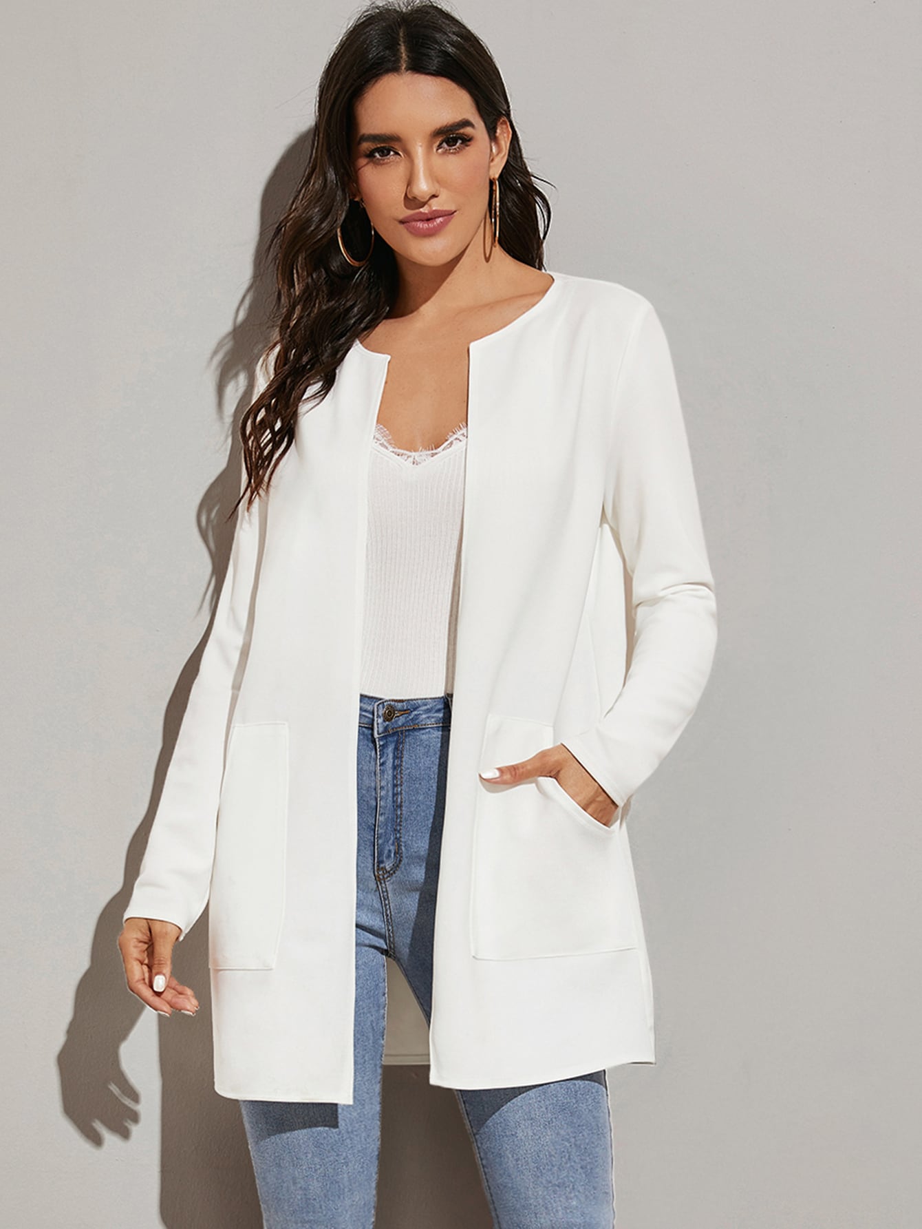 Open Placket Pocket Front Plaid Coat