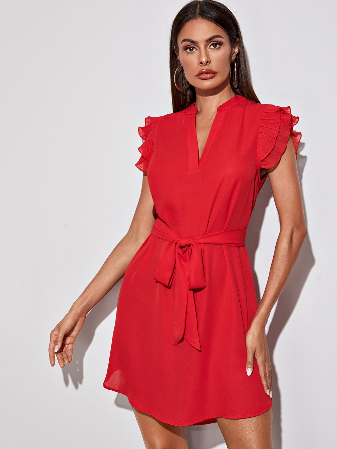 Pleated Ruffle Armhole High Low Belted Dress