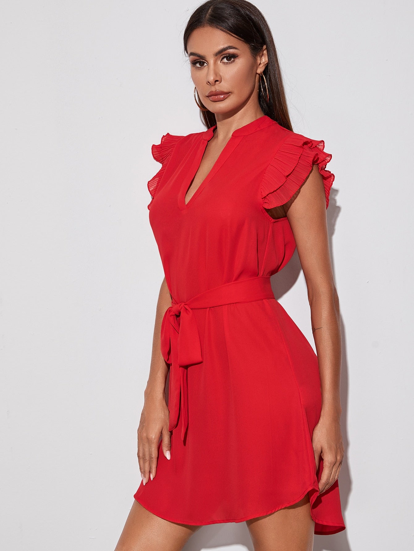 Pleated Ruffle Armhole High Low Belted Dress