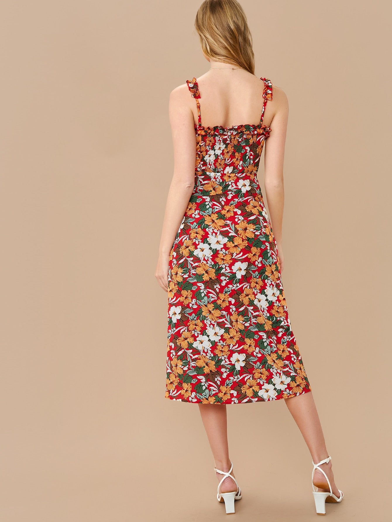 Ruffle Strap Split Hem Floral Dress