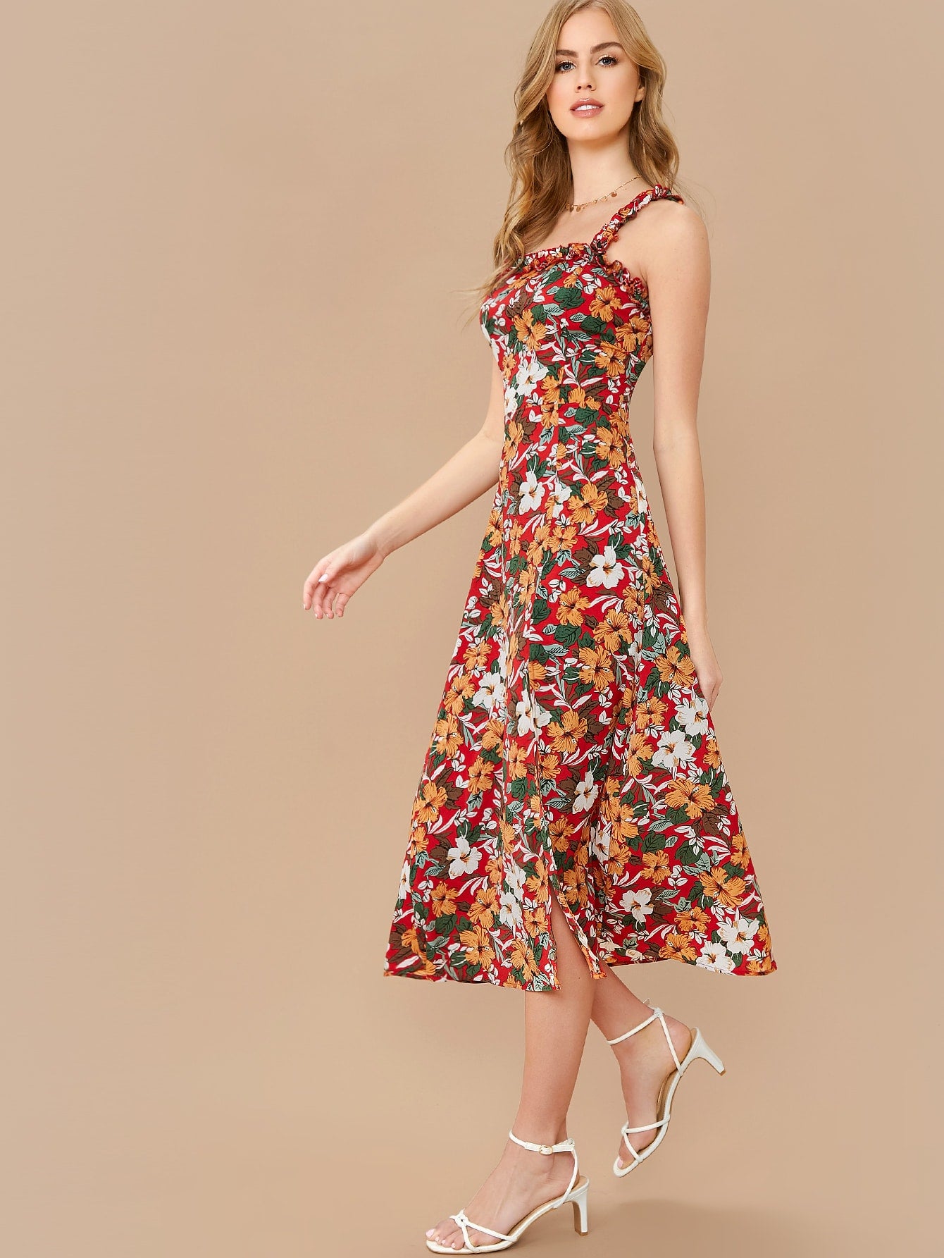 Ruffle Strap Split Hem Floral Dress