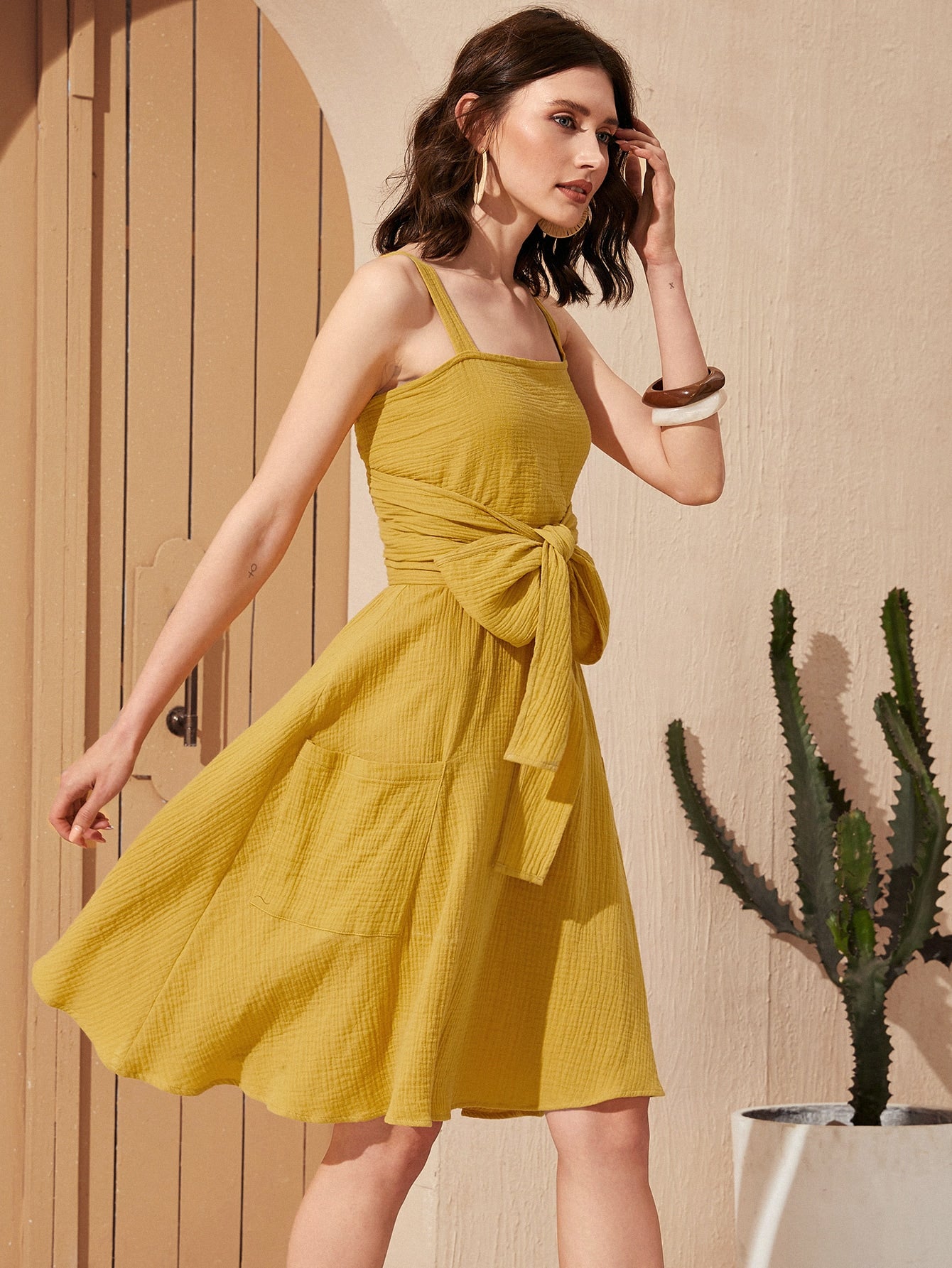 Cross Wrap Back Tie Front Cami Top & Patch Pocket Skirt Set