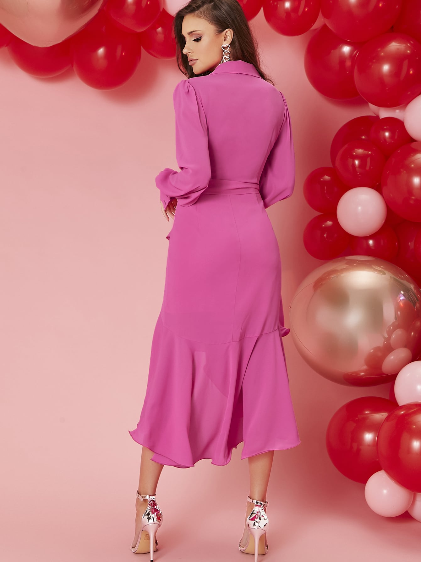 Shawl Collar Lantern Sleeve Asymmetrical Ruffle Hem Belted Dress