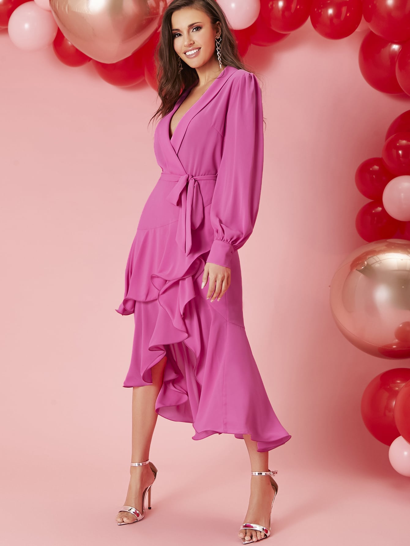Shawl Collar Lantern Sleeve Asymmetrical Ruffle Hem Belted Dress